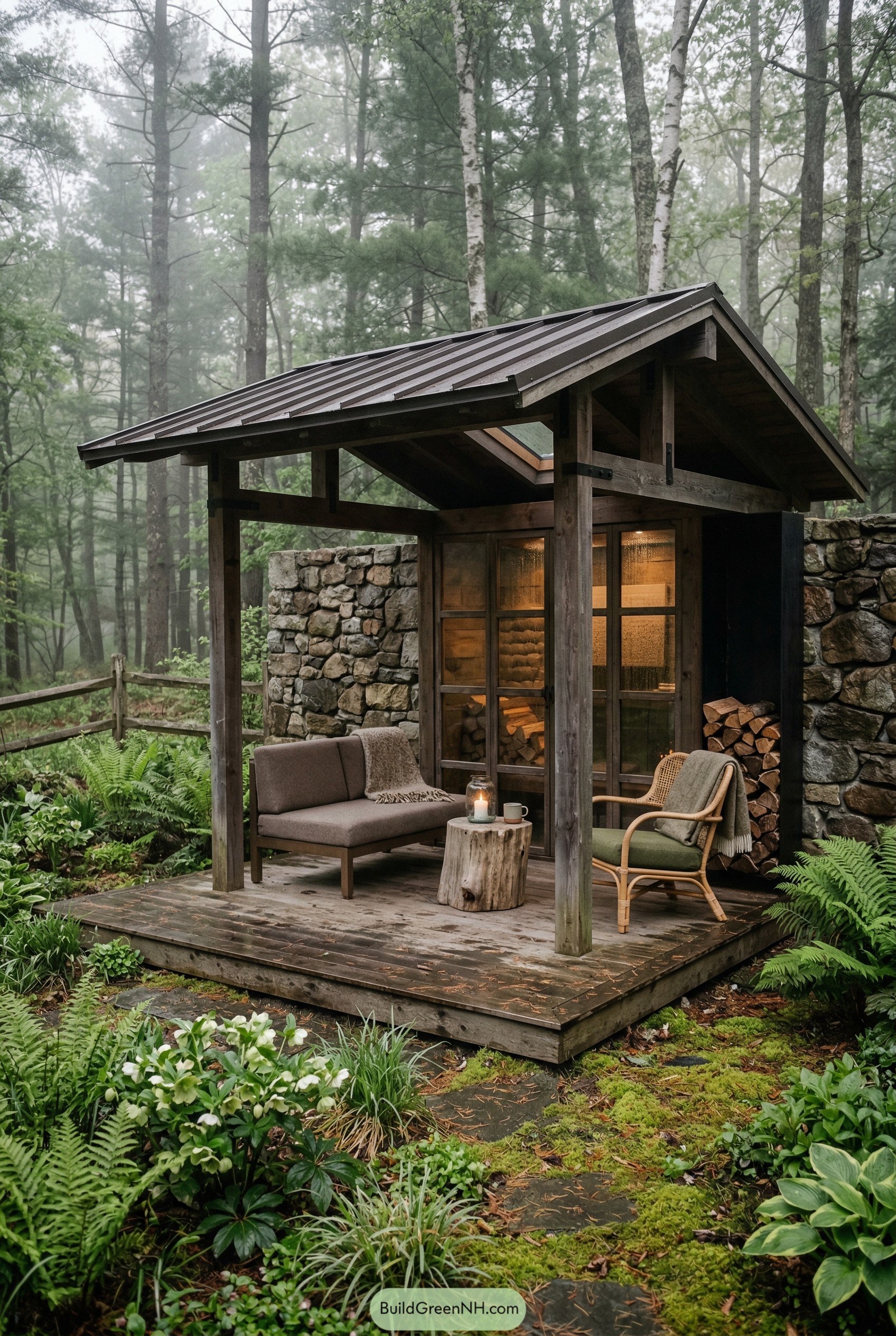 Wood and stone pavilion in a misty forest