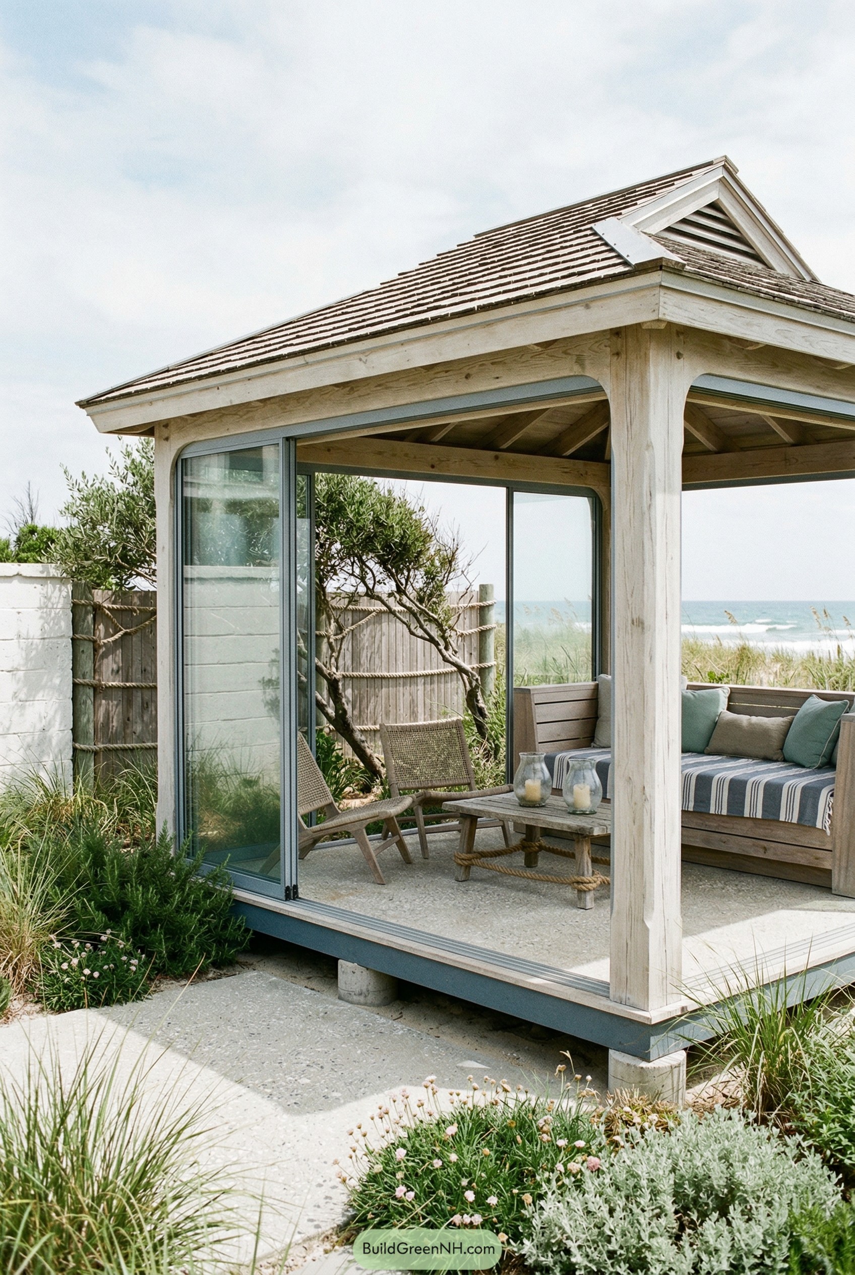 Coastal timber pavilion with sliding glass