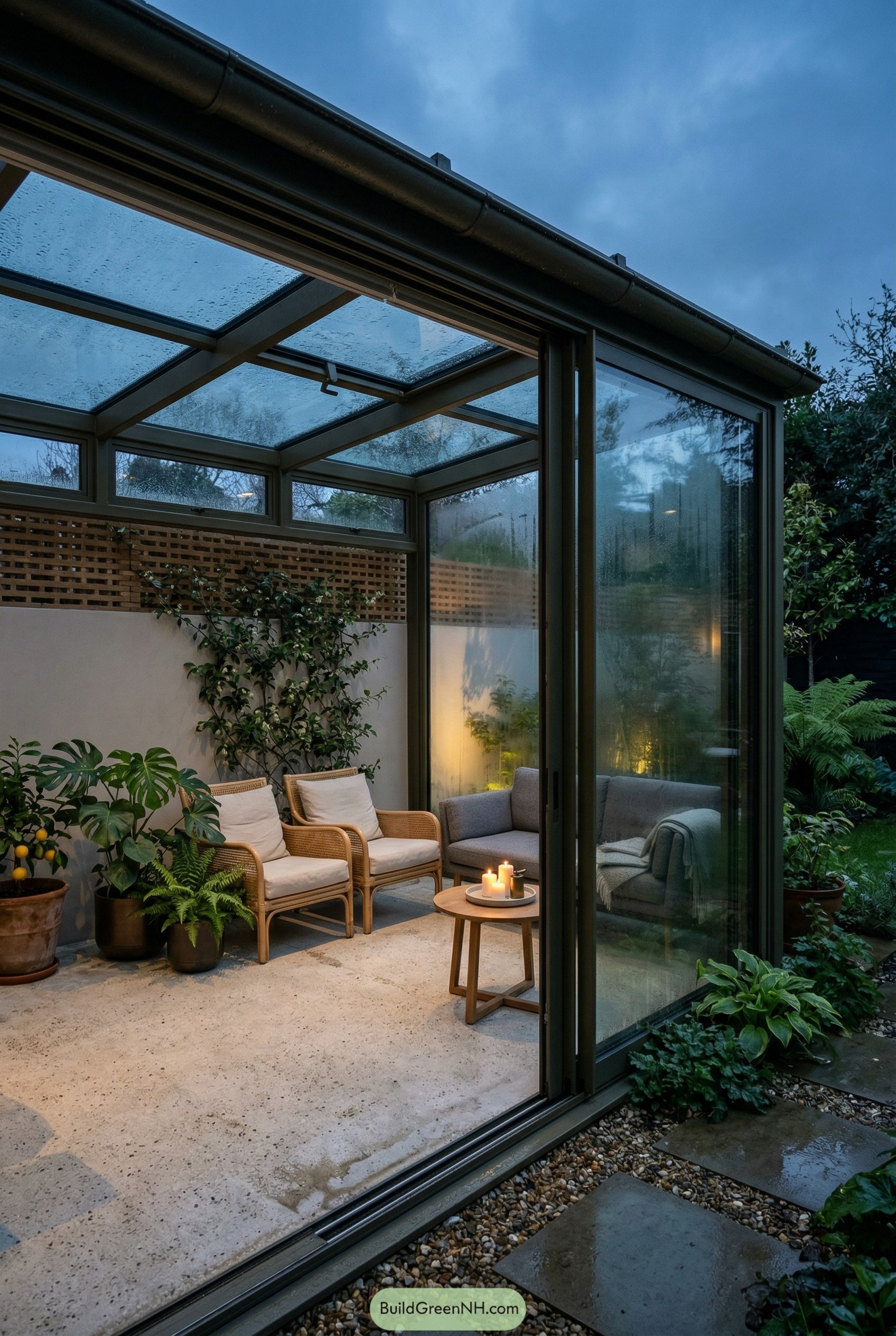 Modern glass pavilion with lounge seating