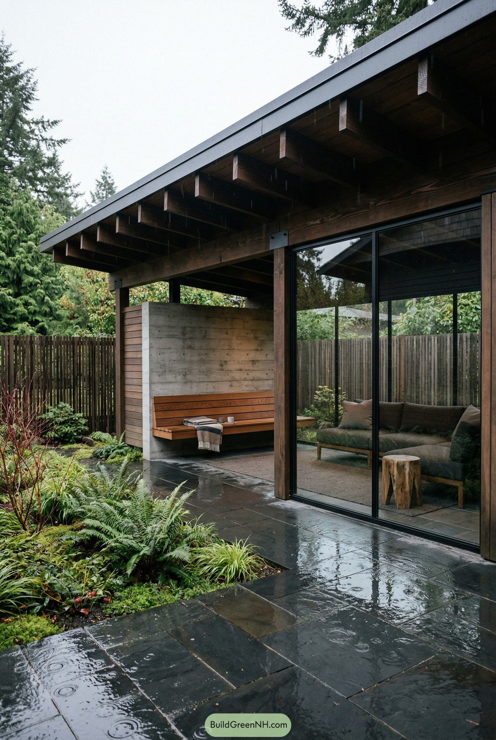 Modern wood pavilion with glass wall and bench