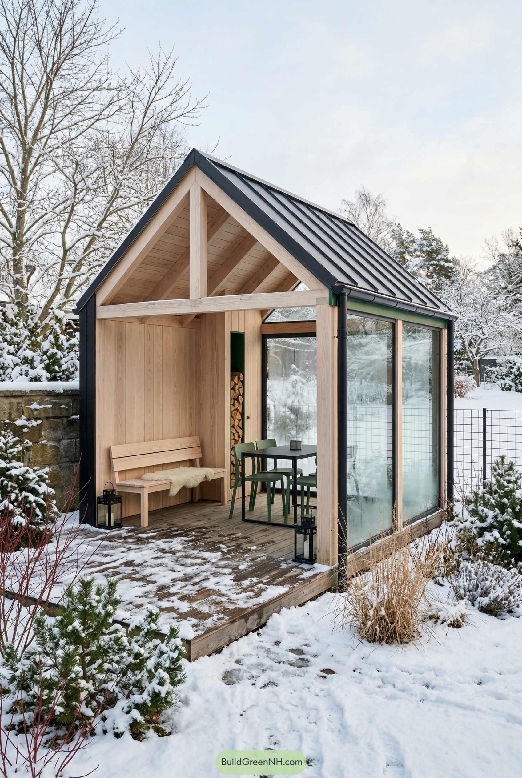 Small wood and glass pavilion in snow