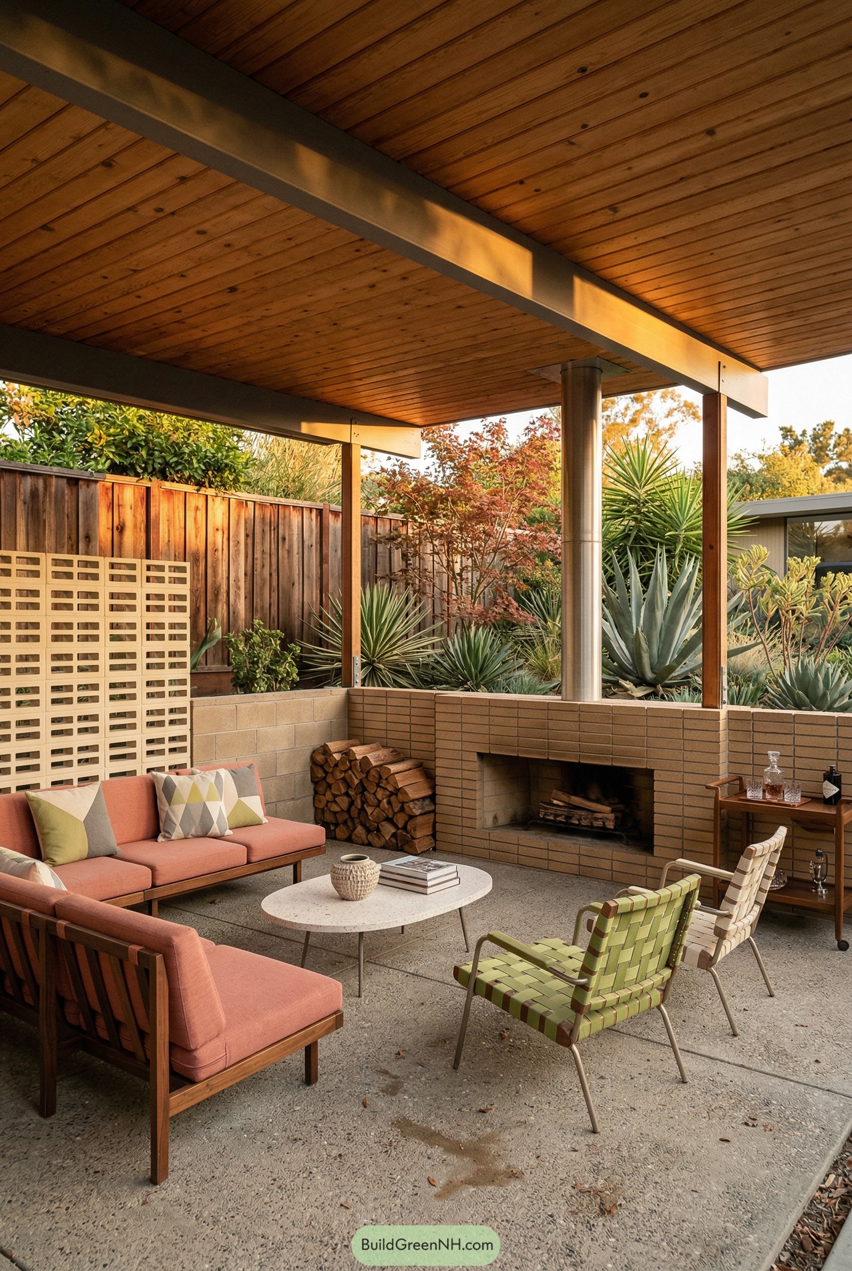 Covered patio with brick fireplace and pink seating