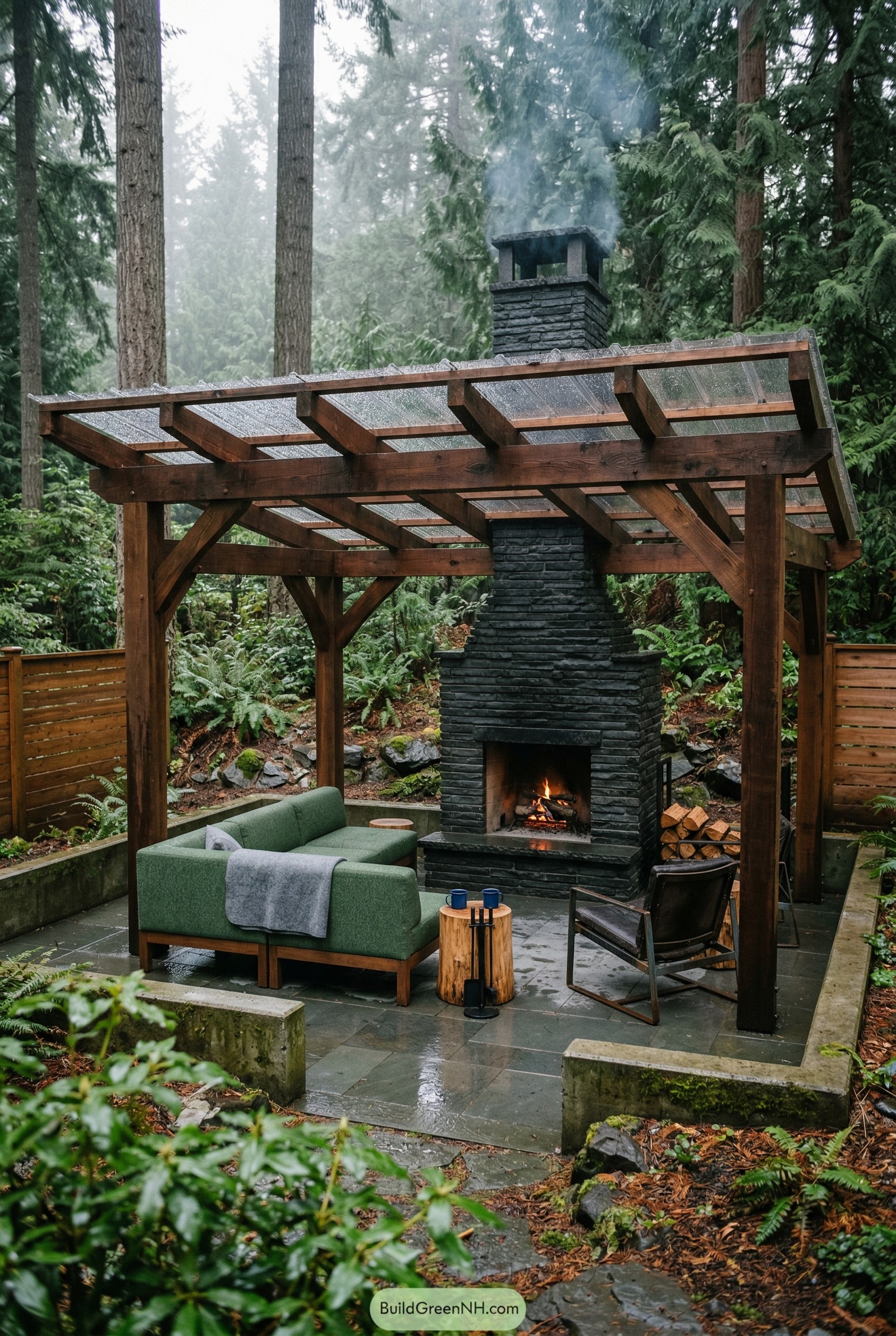 Timber pavilion with stone fireplace in a forest clearing