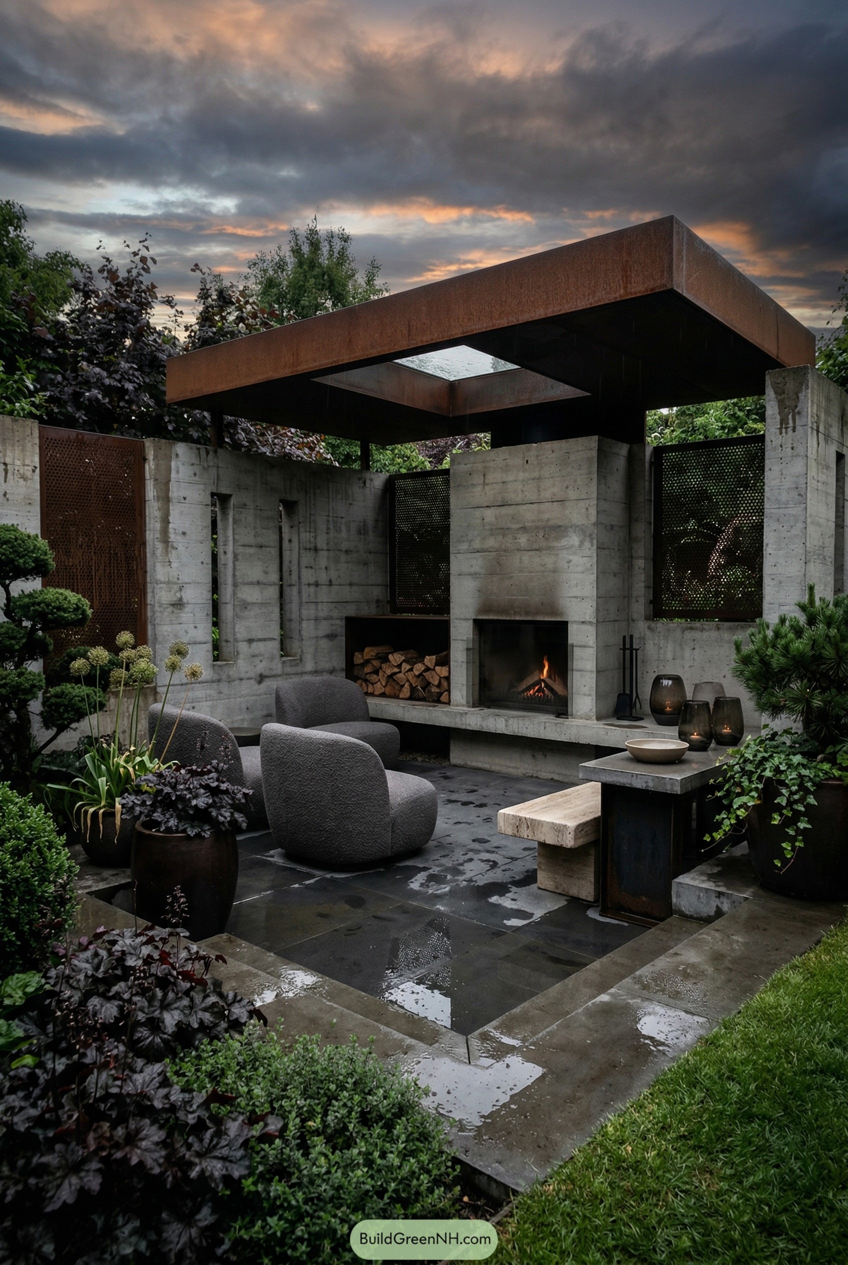 Concrete pavilion with corten roof and fireplace