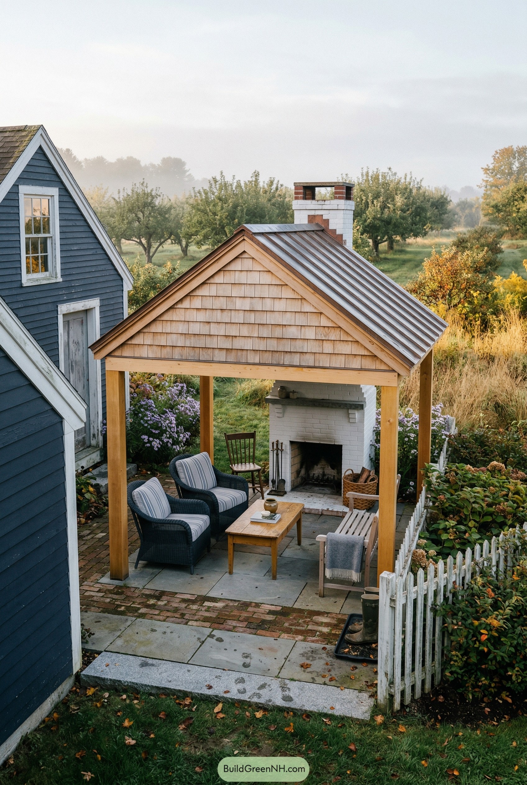 Small gabled pavilion with white brick fireplace and seating