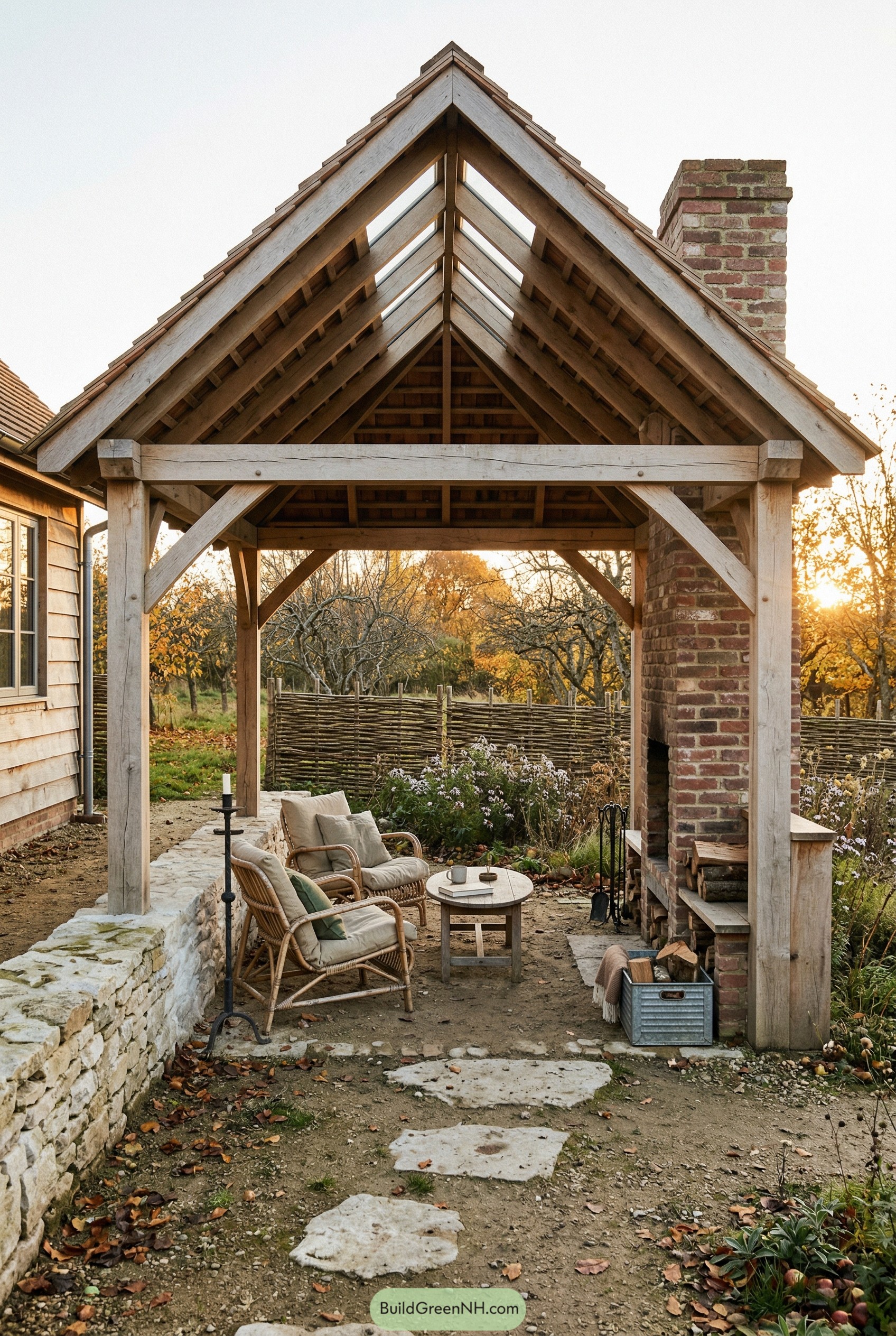 Timber pavilion with brick fireplace and skylight