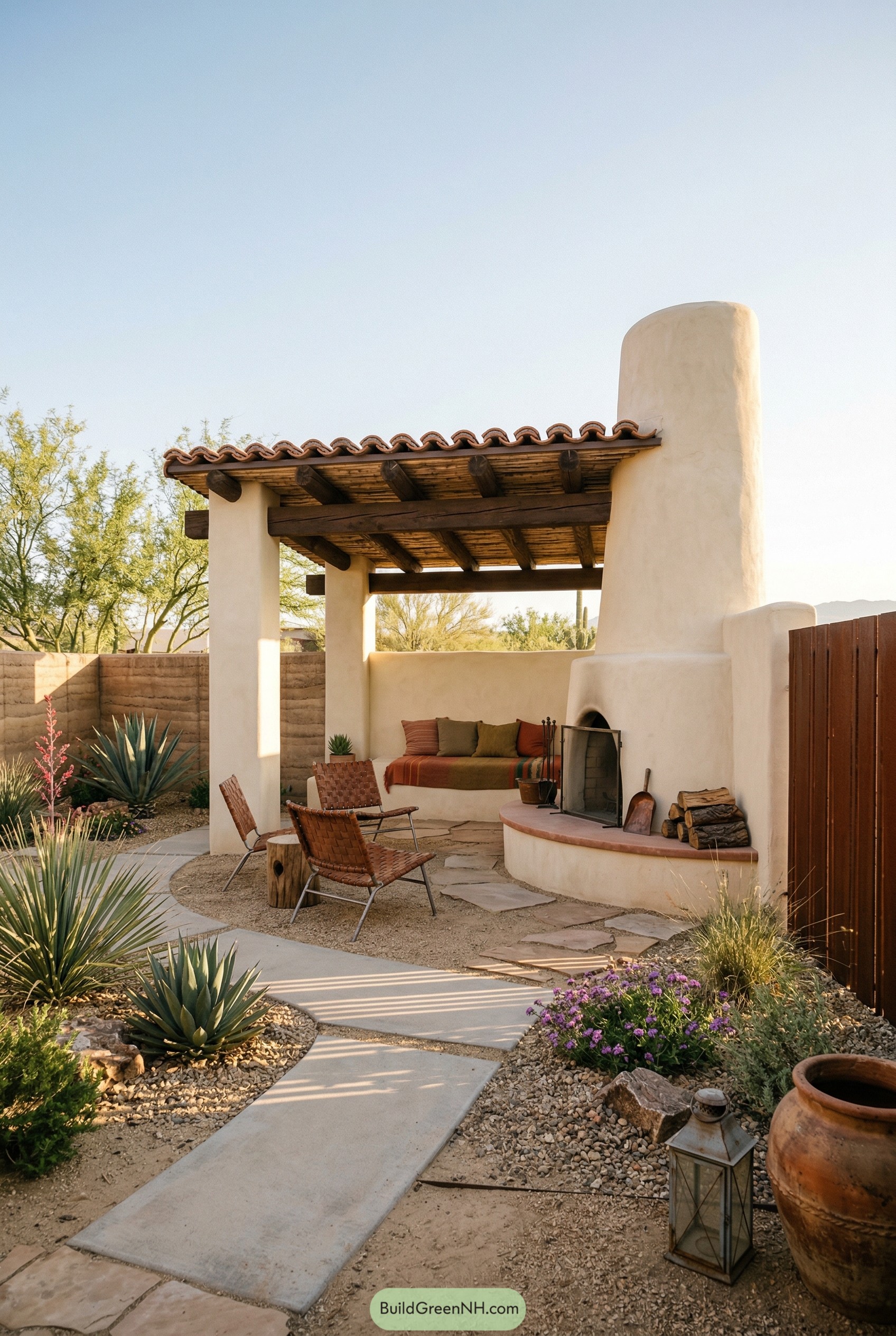Adobe style pavilion with rounded fireplace