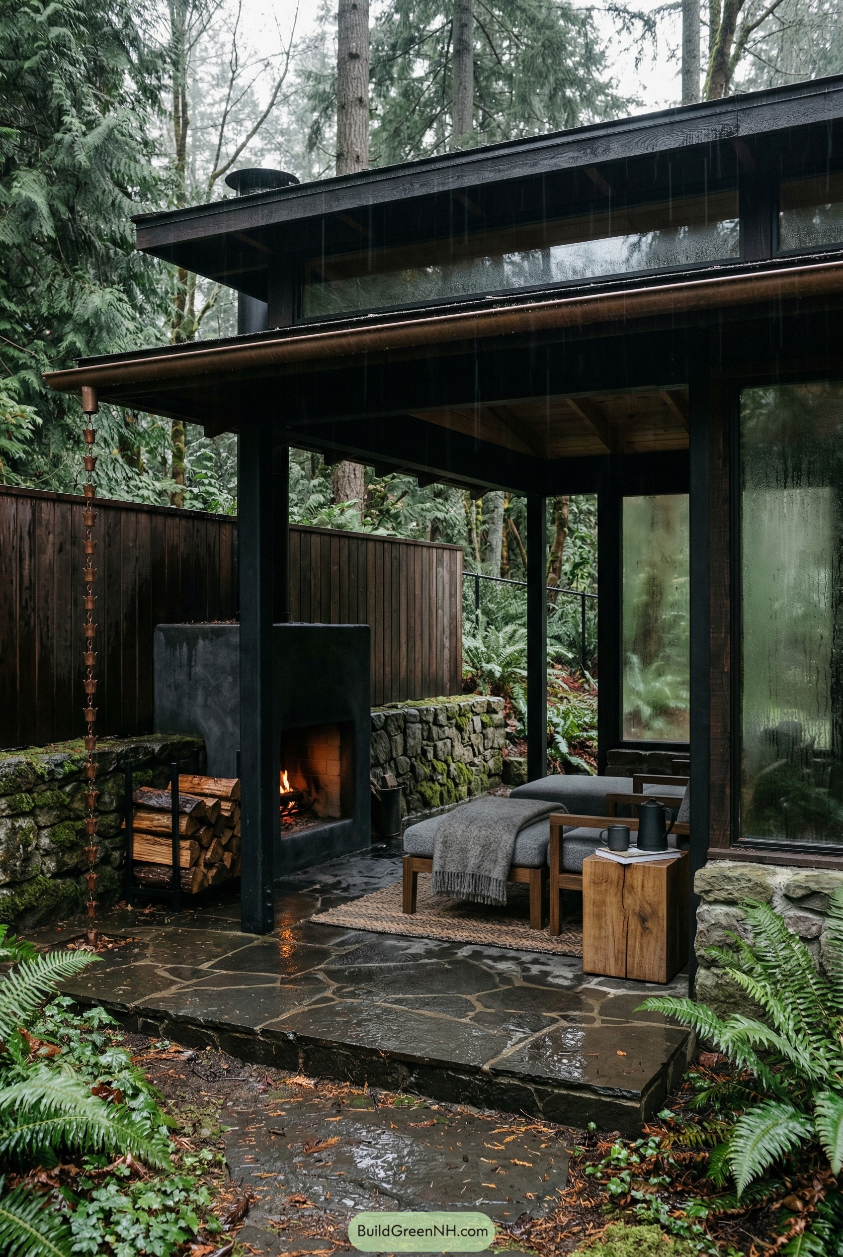 Covered forest pavilion with fireplace and lounge seating
