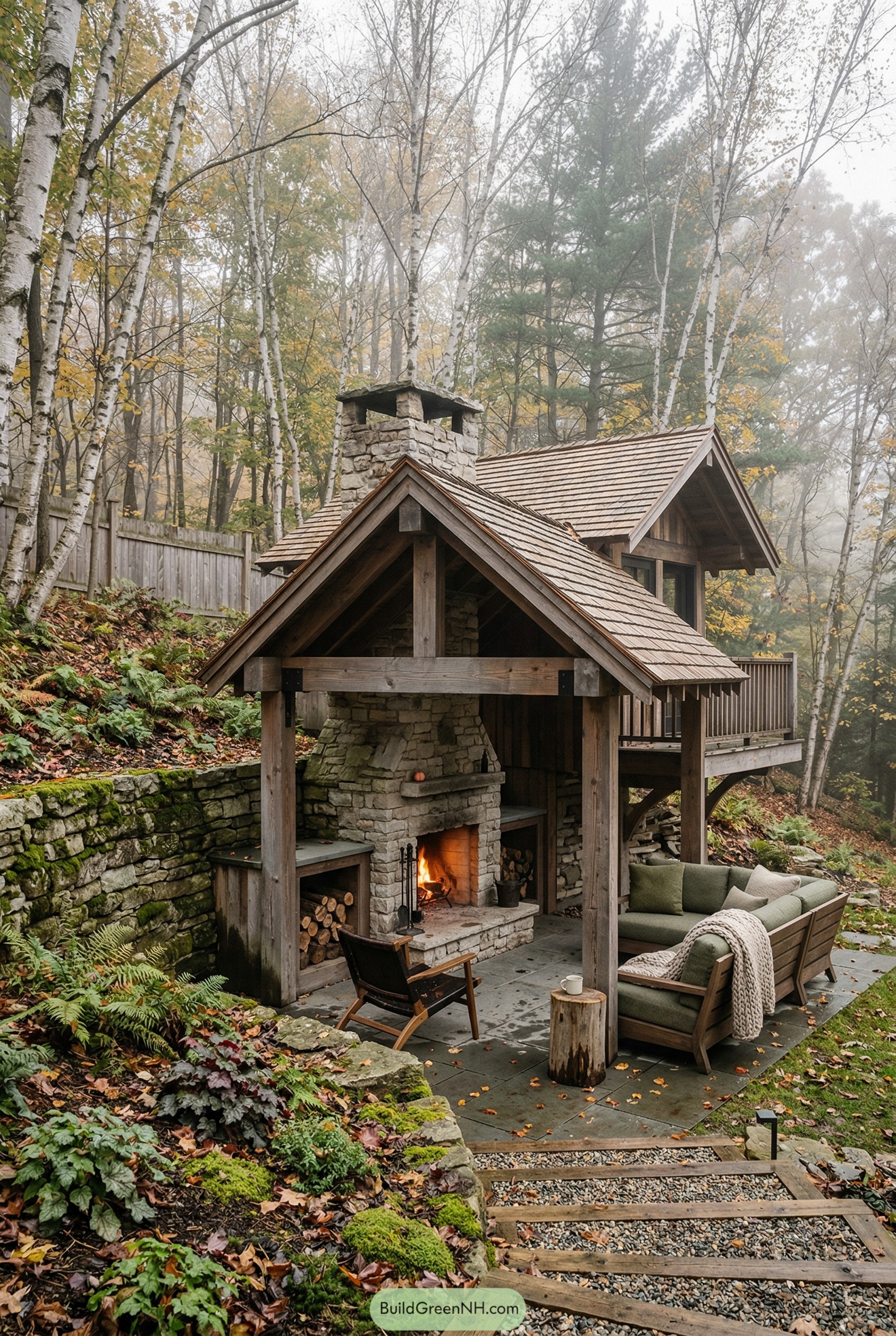 Timber pavilion with stone fireplace in birch woods