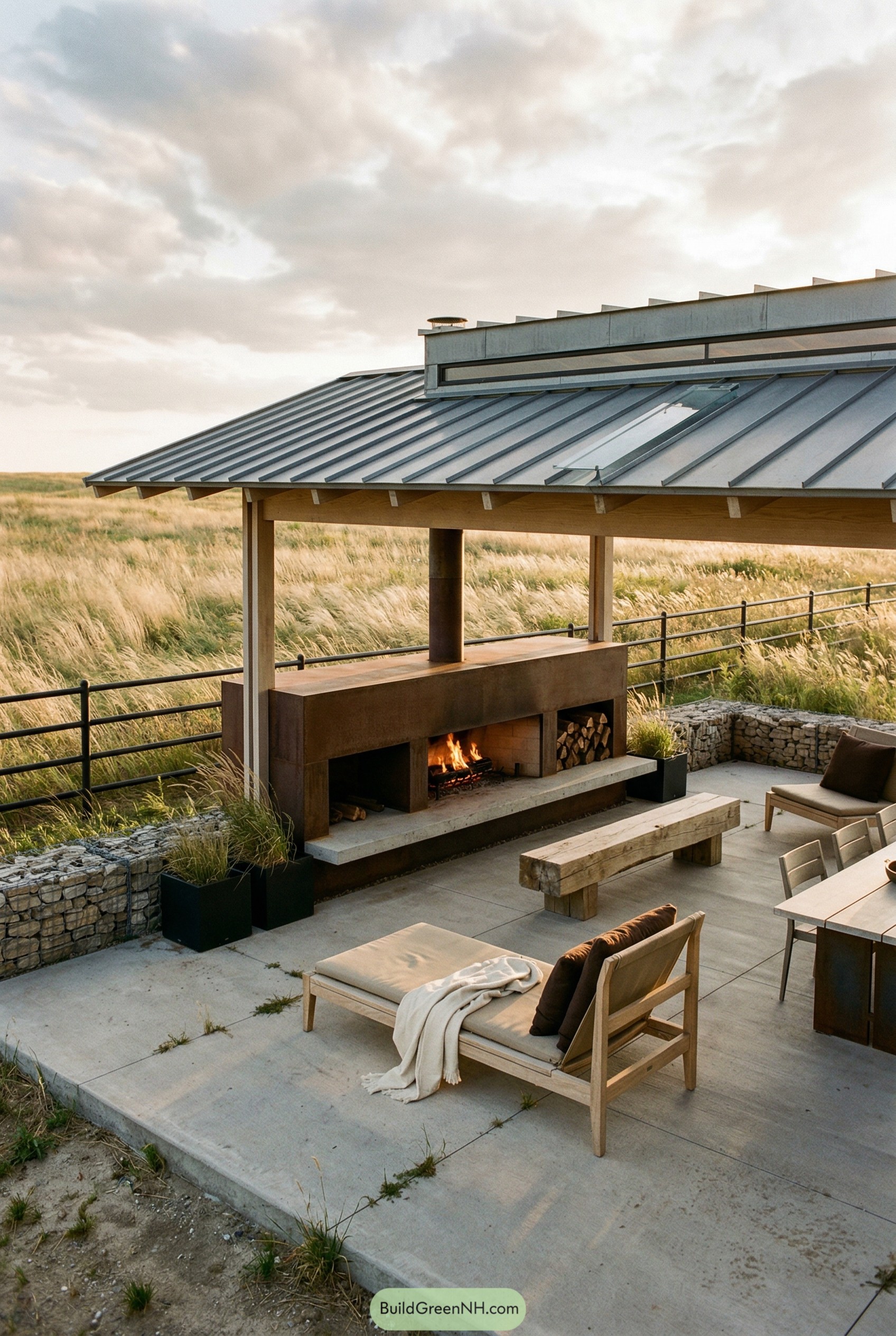 Open pavilion with corten fireplace and clerestory roof