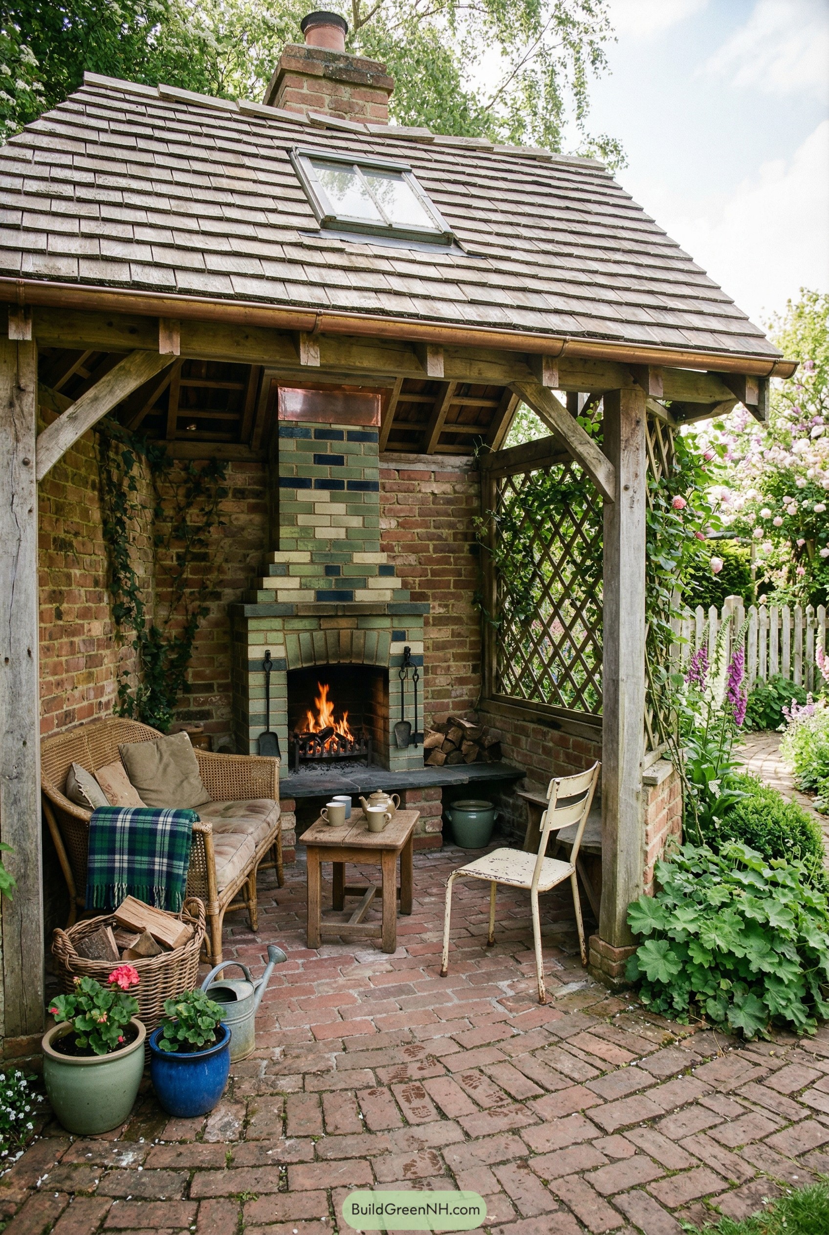 Rustic garden shelter with tiled fireplace