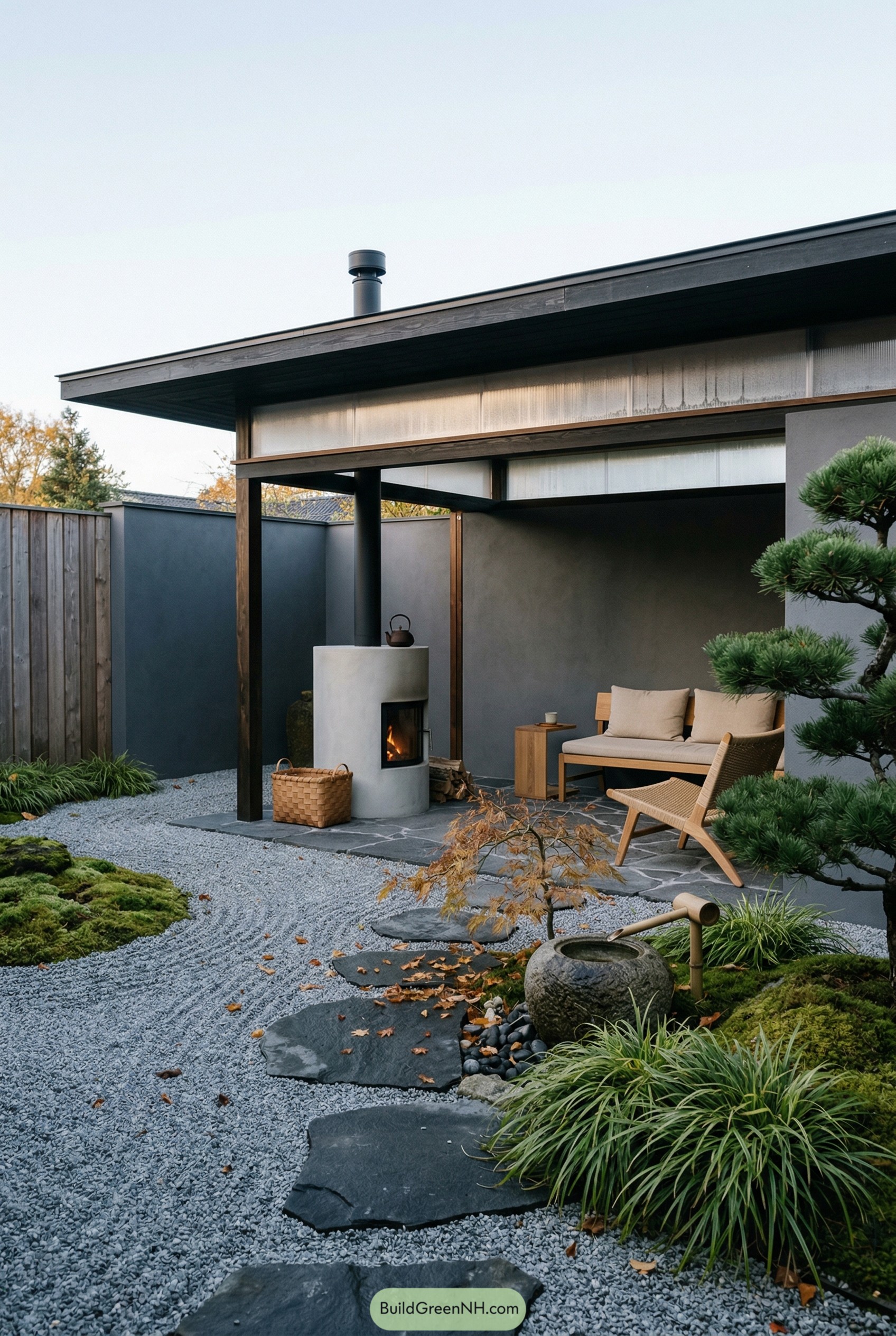 Minimalist pavilion with fireplace in gravel garden