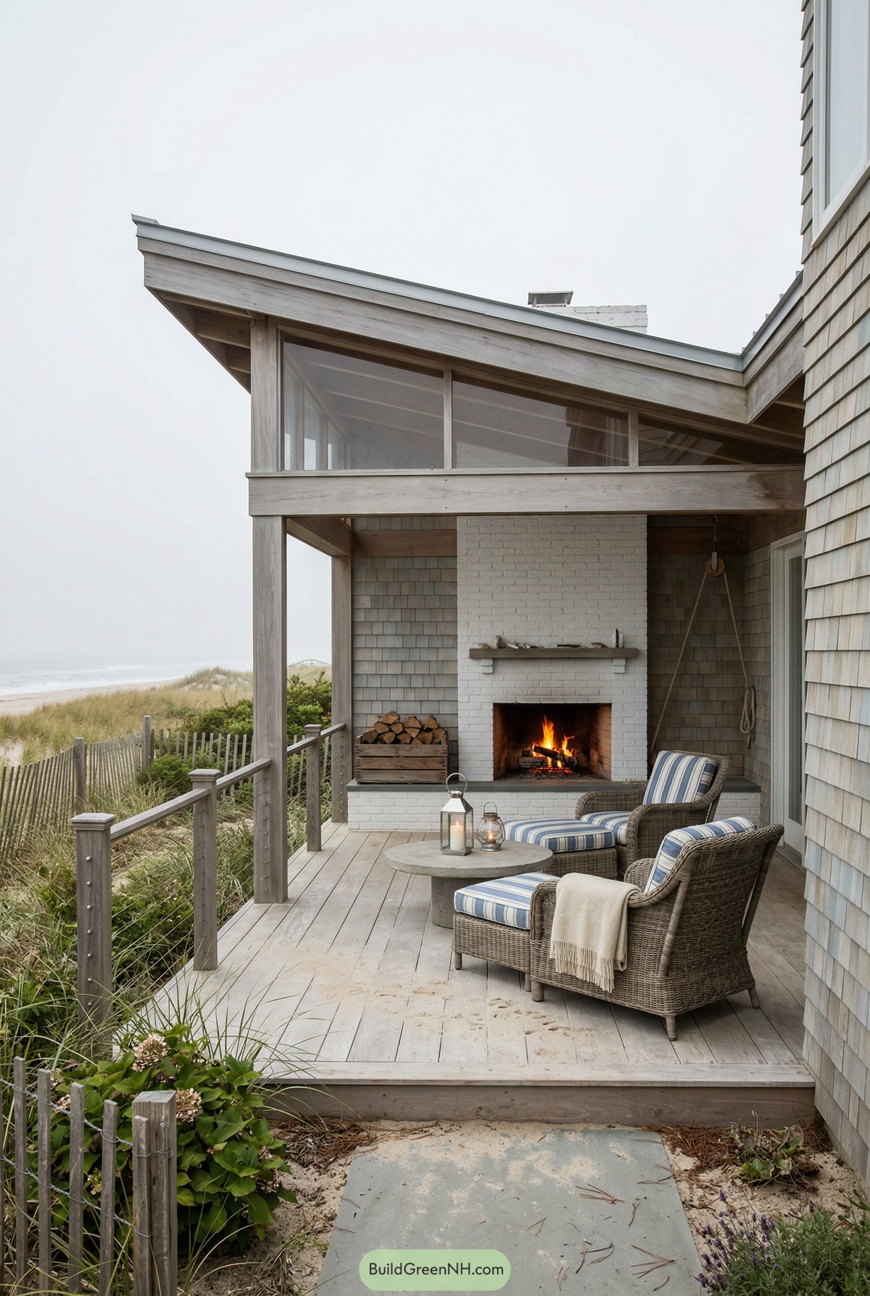 Coastal porch pavilion with white brick fireplace
