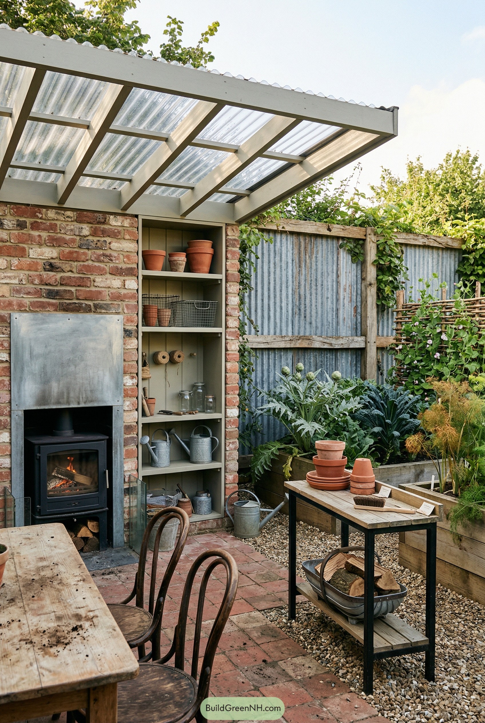 Brick garden pavilion with wood stove and clear roof