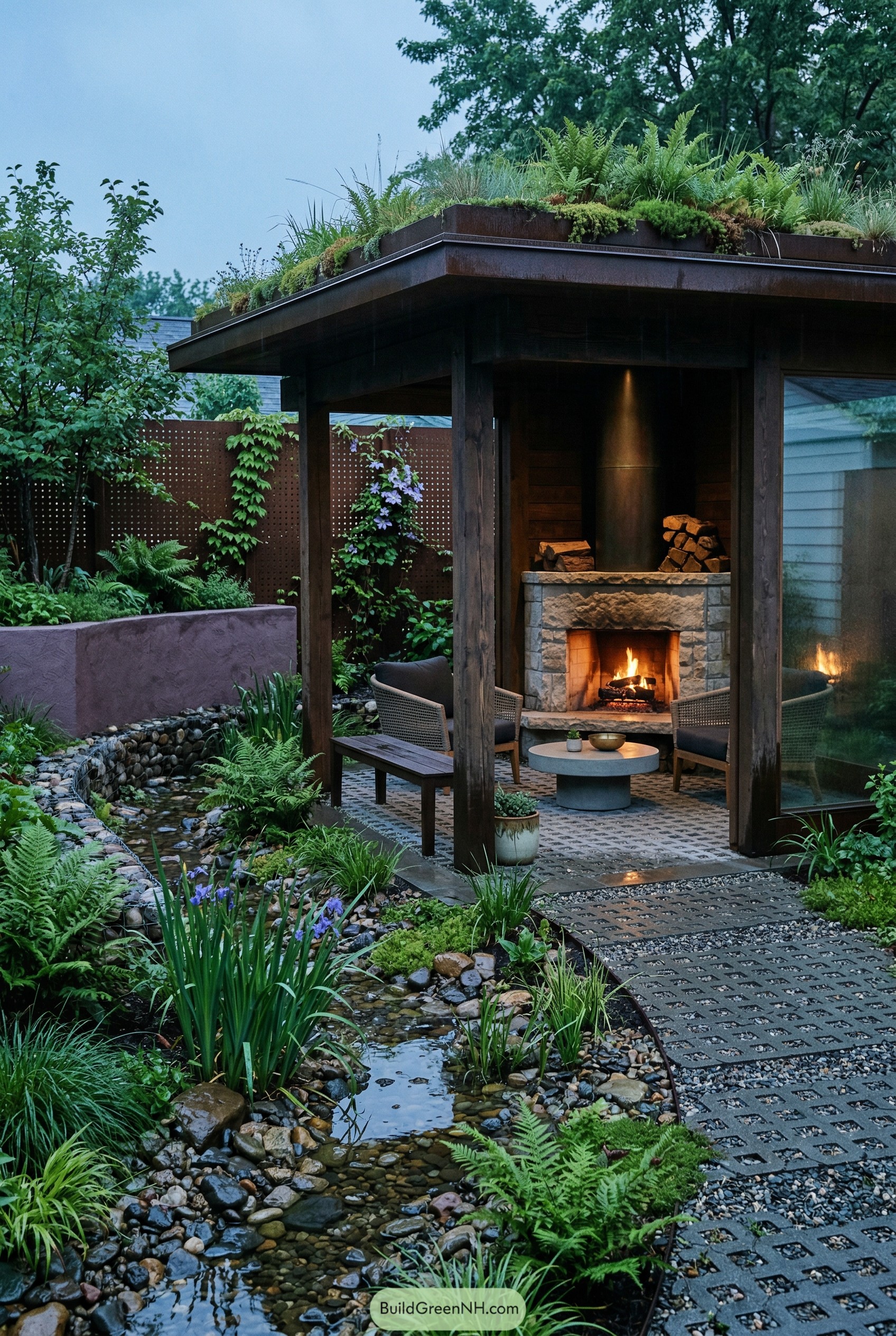 Garden pavilion with green roof and fireplace