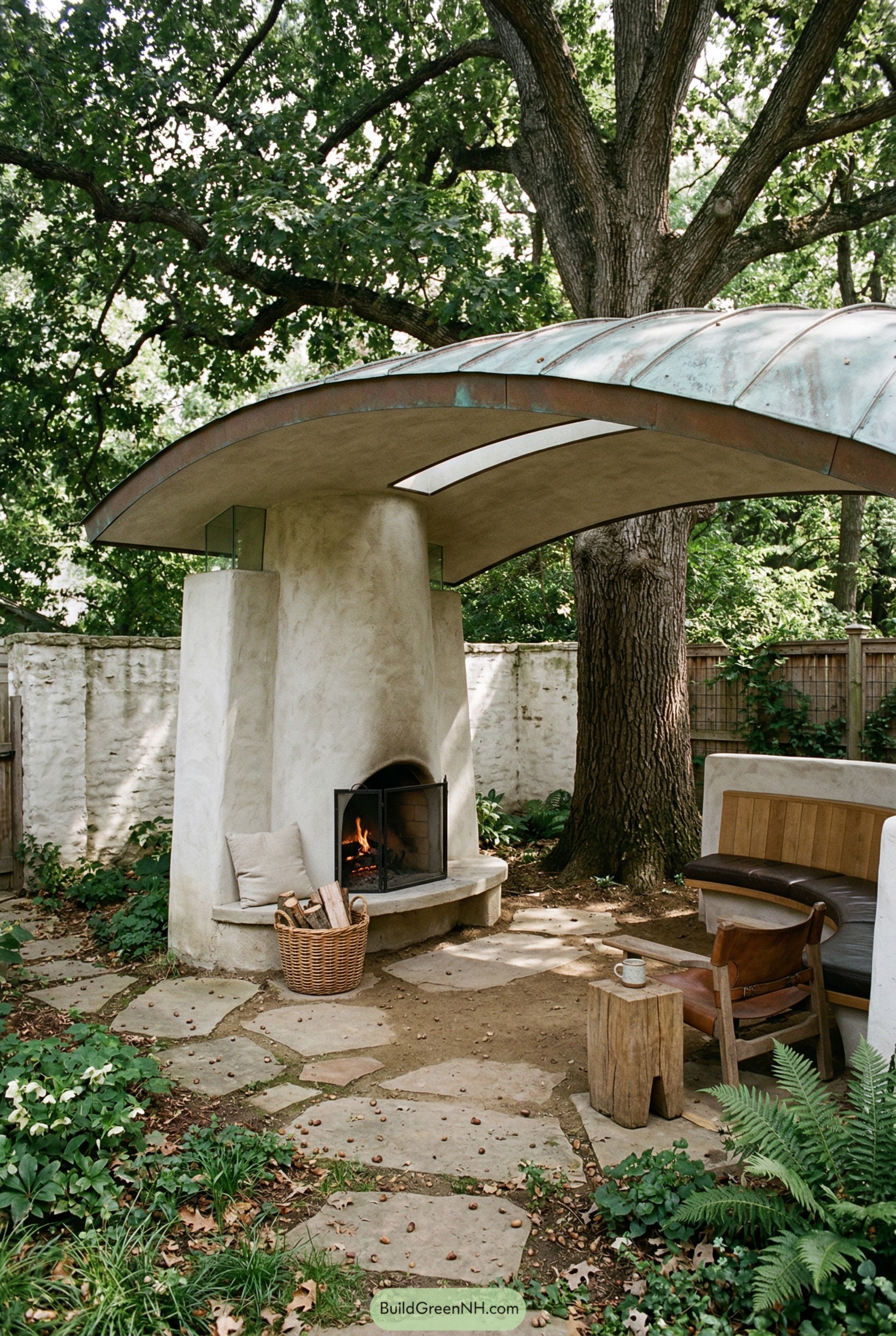 Curved copper roof sheltering a stucco garden fireplace