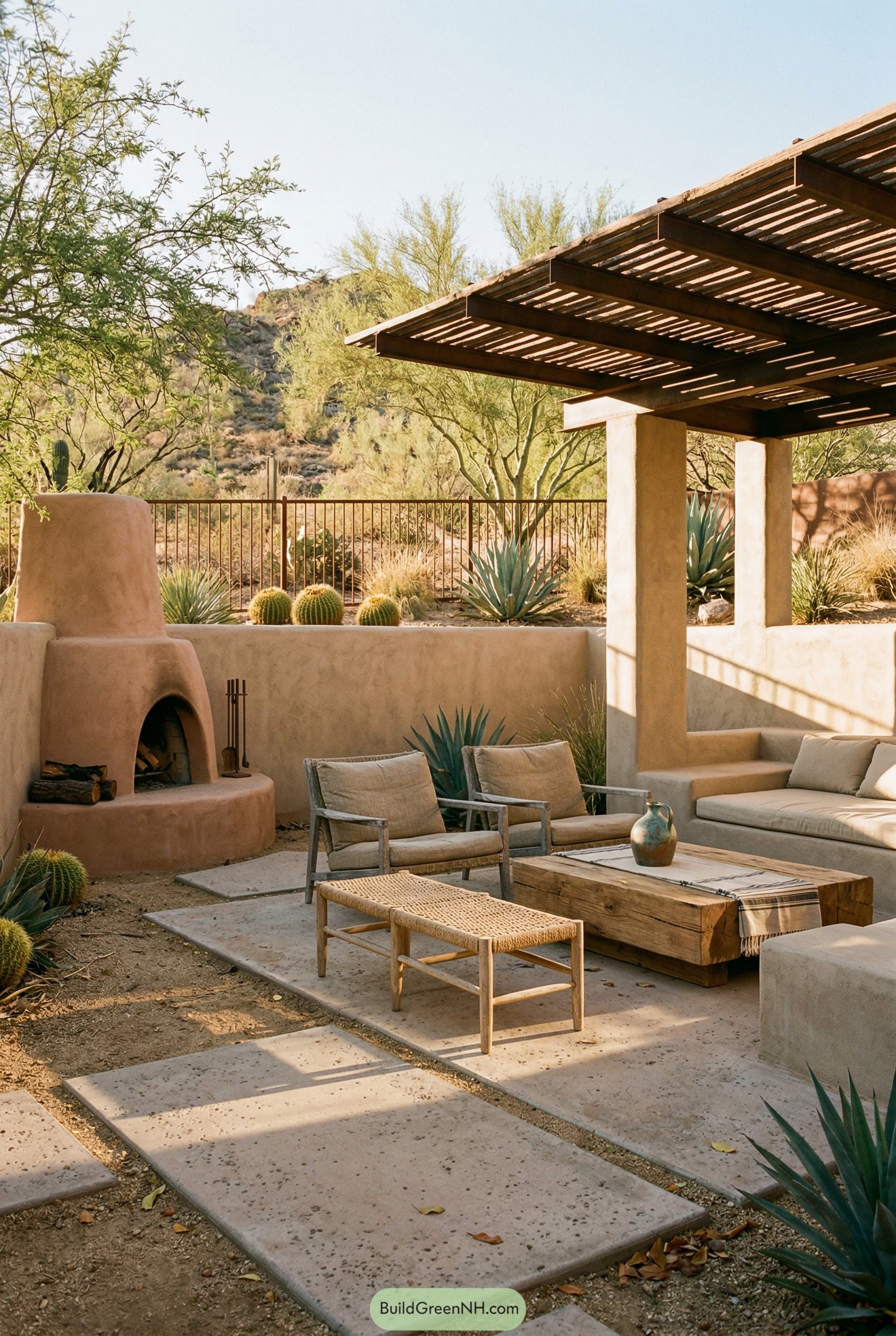 Desert pavilion with adobe fireplace and pergola