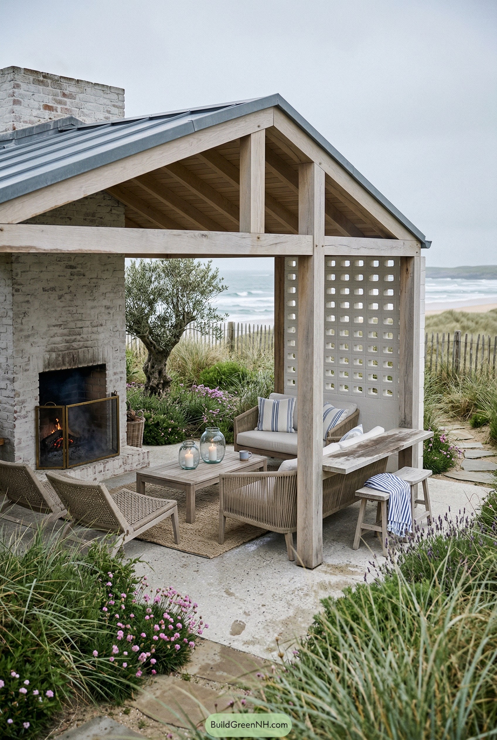 Beachside timber pavilion with brick fireplace