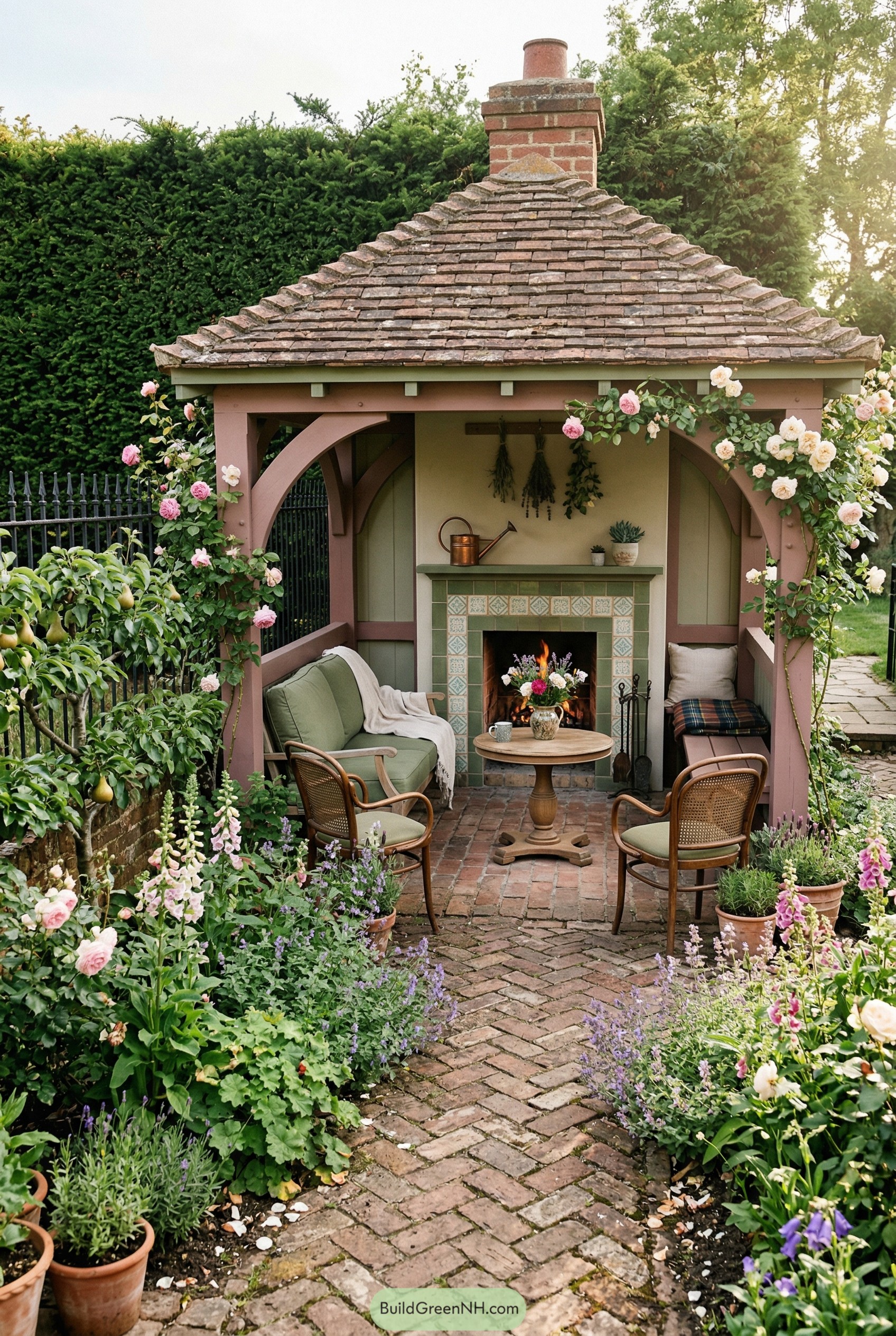 Garden pavilion with tiled fireplace