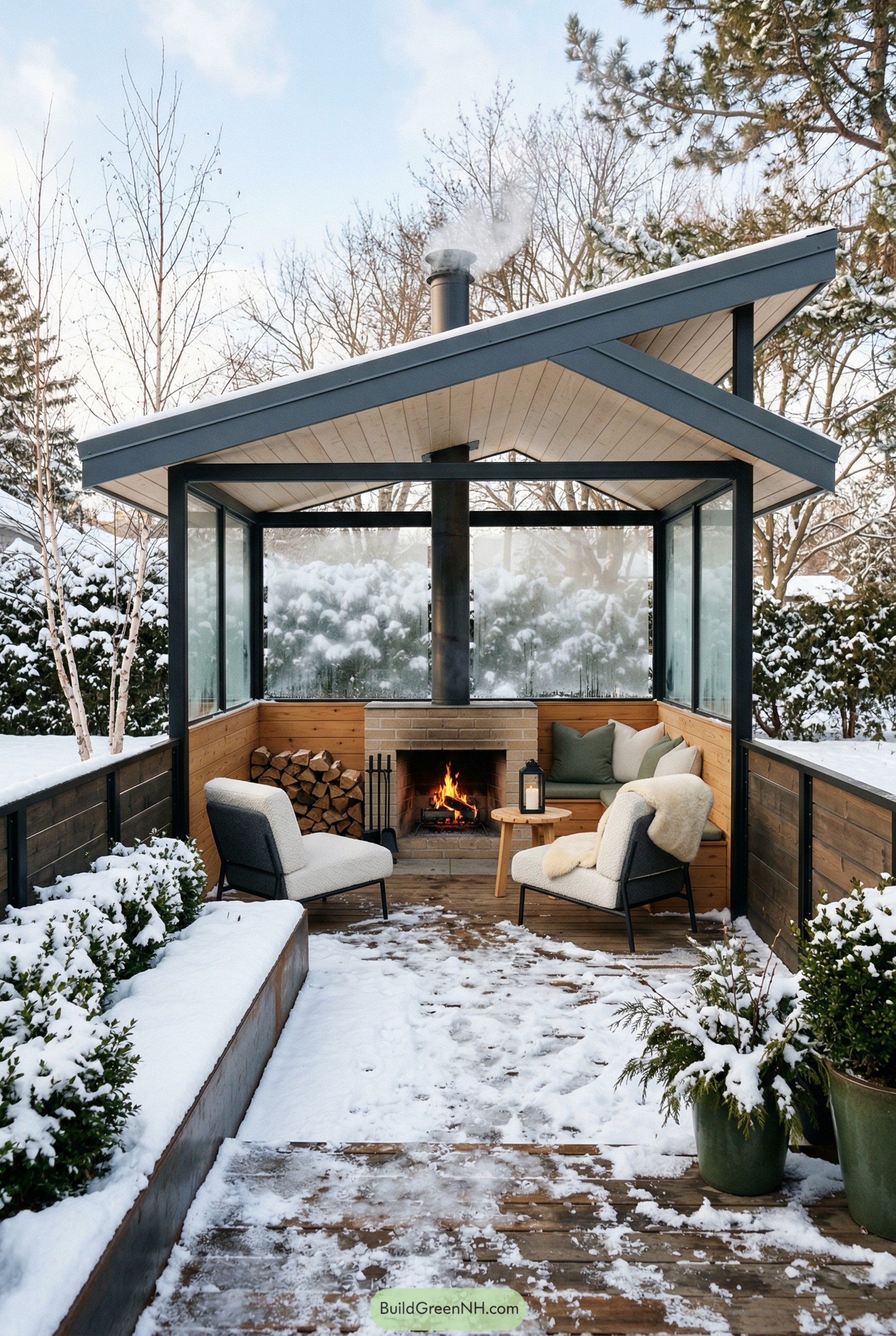 Modern glass fire pavilion in snowy garden