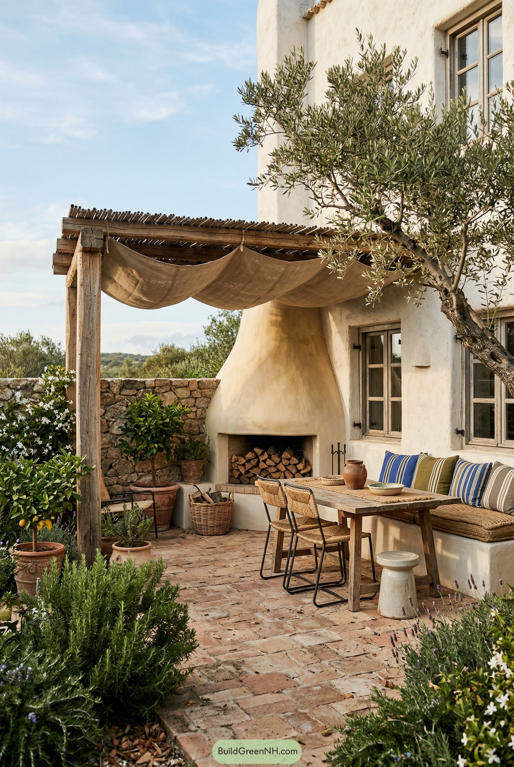 Mediterranean patio with stucco fireplace and pergola