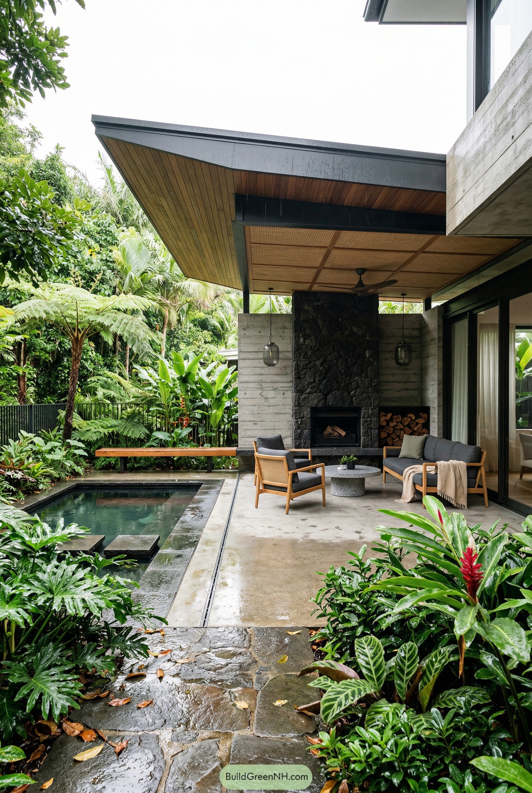 Modern tropical pavilion with fireplace and plunge pool