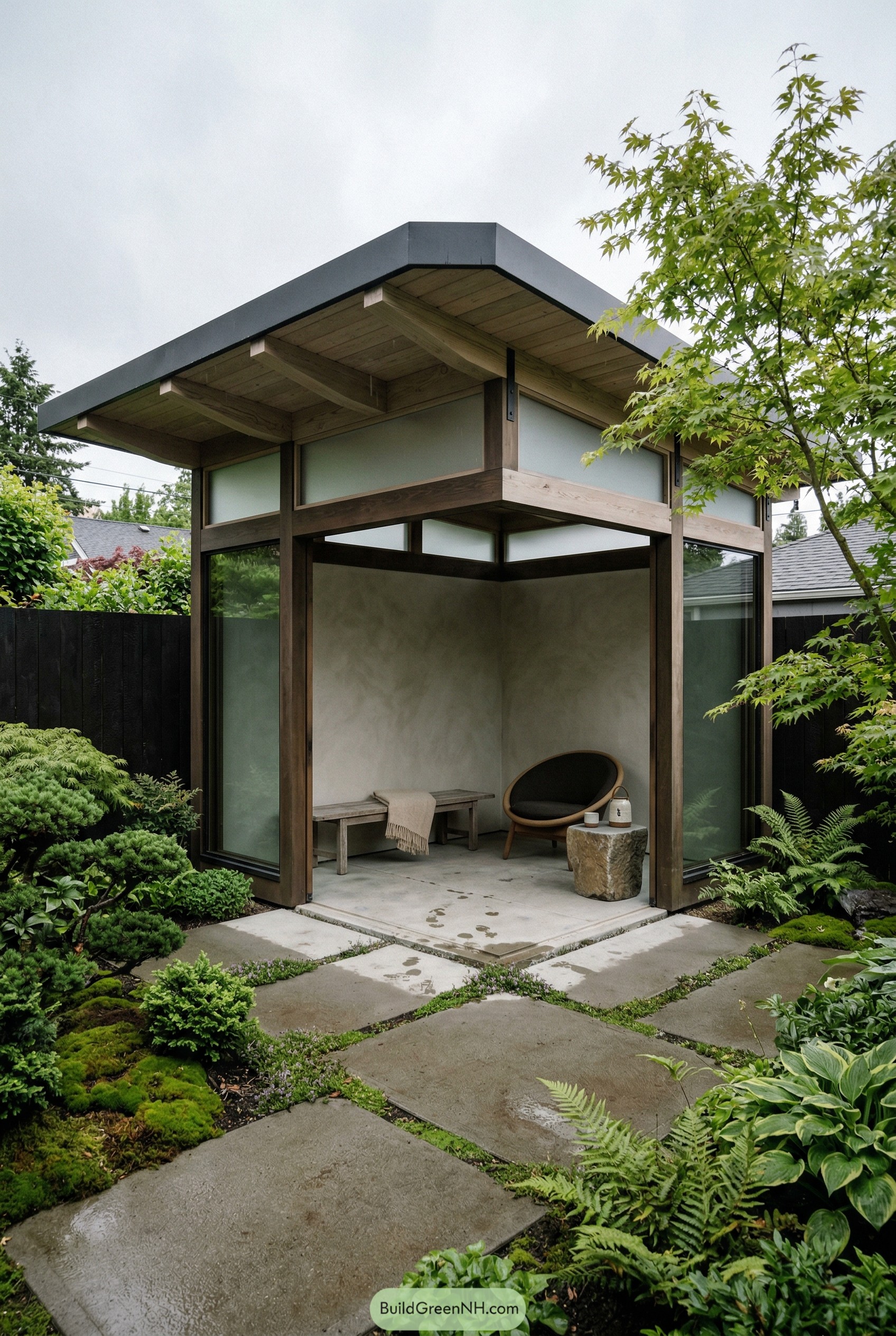 Modern wood and glass garden pavilion
