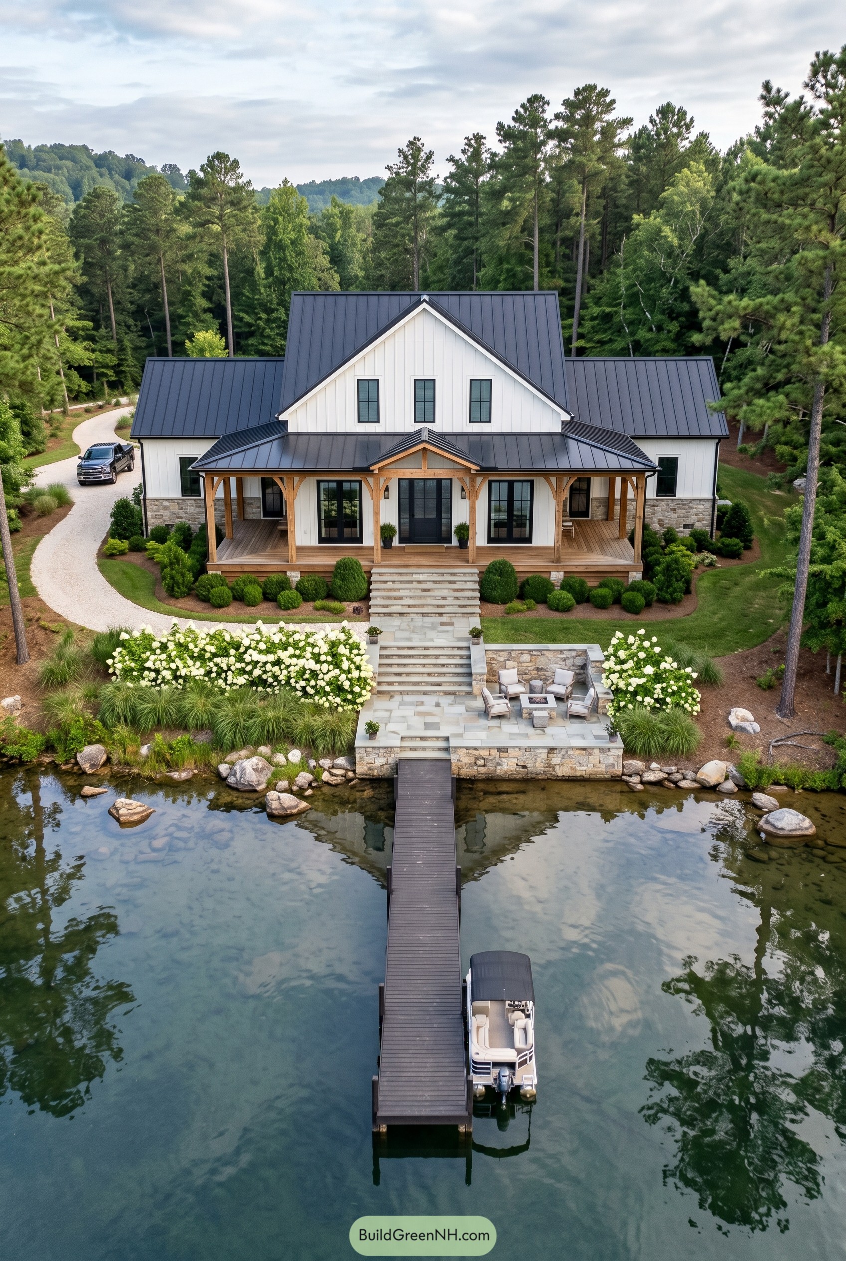 White lake house with porch and dock