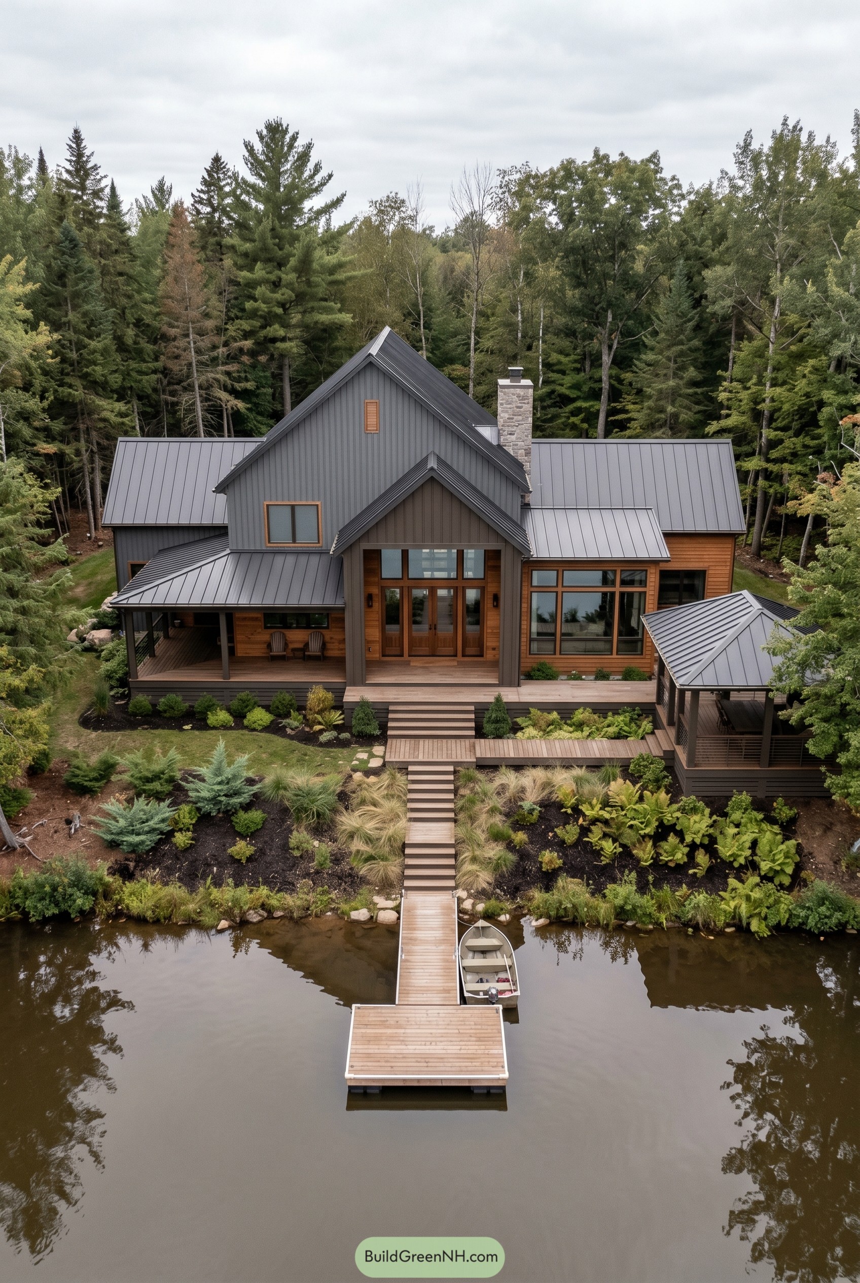 Gray and wood lake barndominium with dock