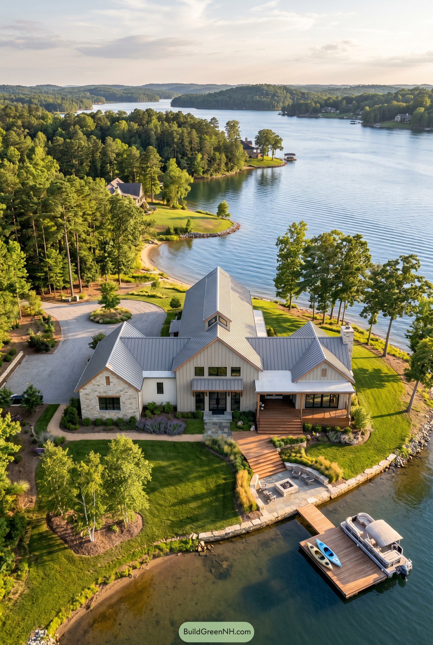 Lakefront barndominium with dock and metal roof