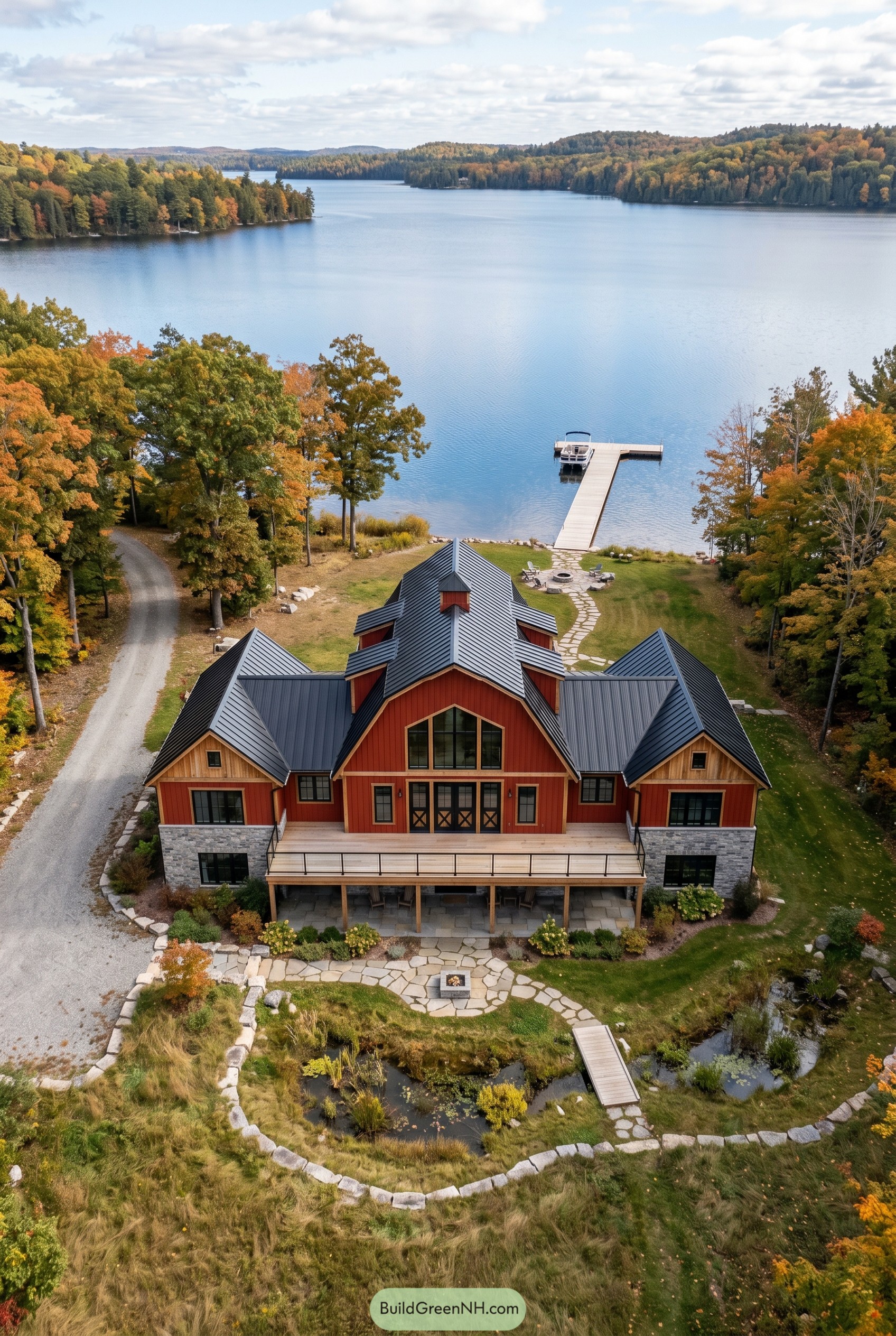 Red lakefront barndominium with black roof and dock