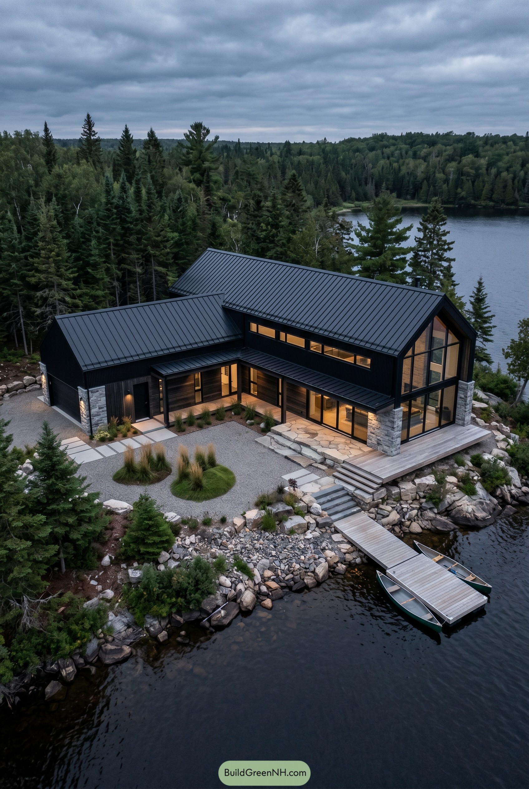 Modern black lake house with dock