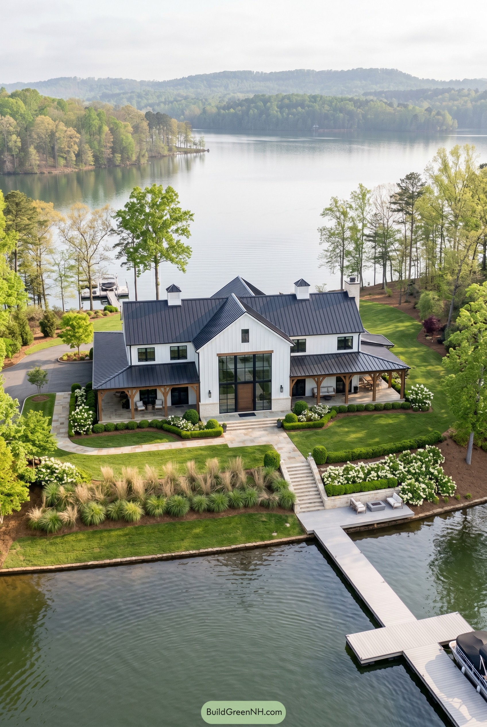 White lakefront barndominium with black roof and dock