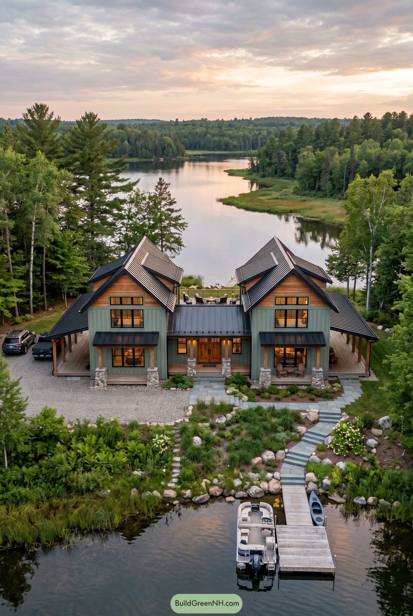 Twin gabled lakefront barndominium with dock