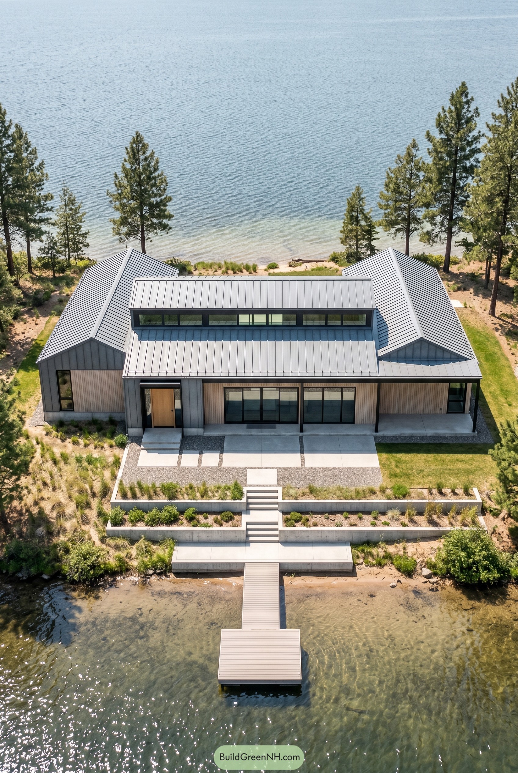 Modern gray barndominium with dock on a lake