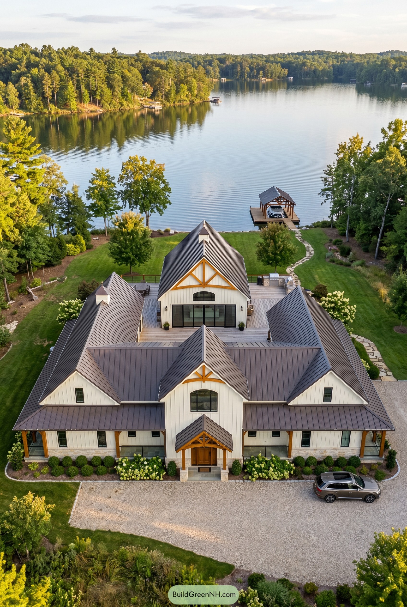 White gabled barndominium with dock on the lake