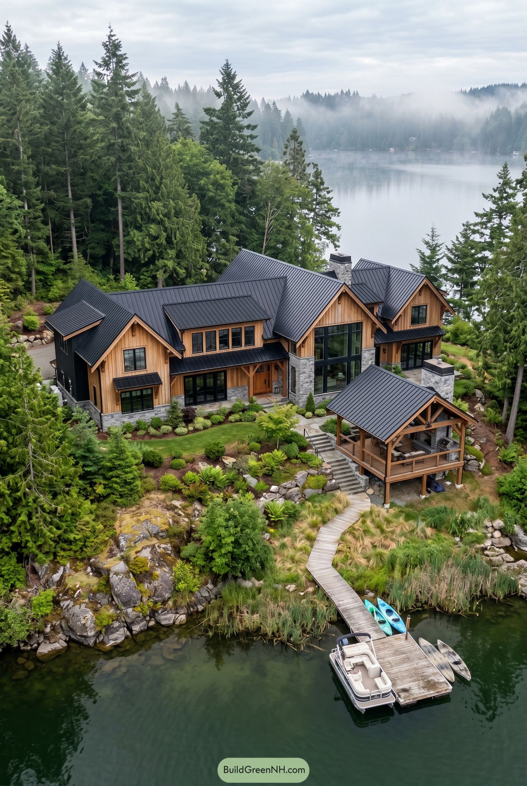 Timber lake house with dock and pavilion