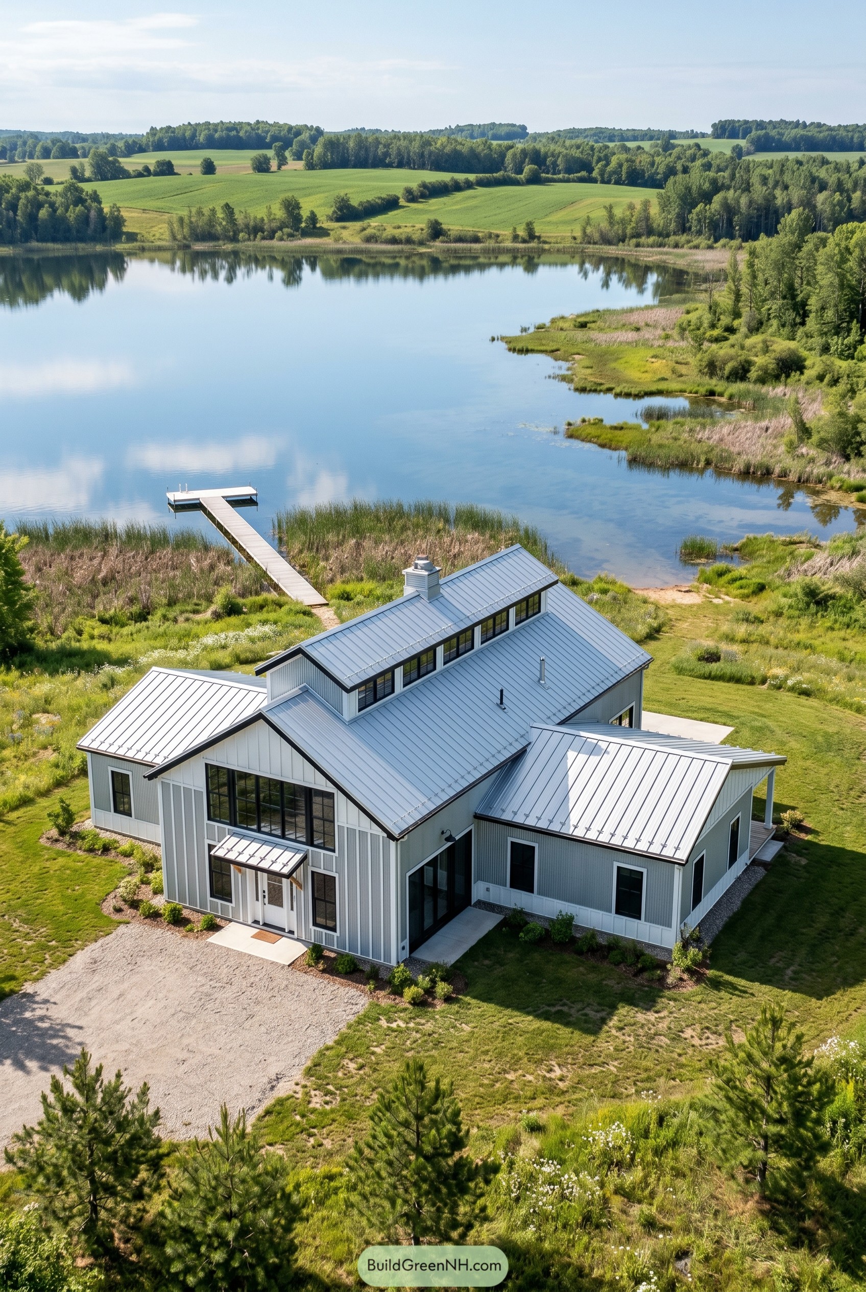 Gray lakeside barndominium with private dock