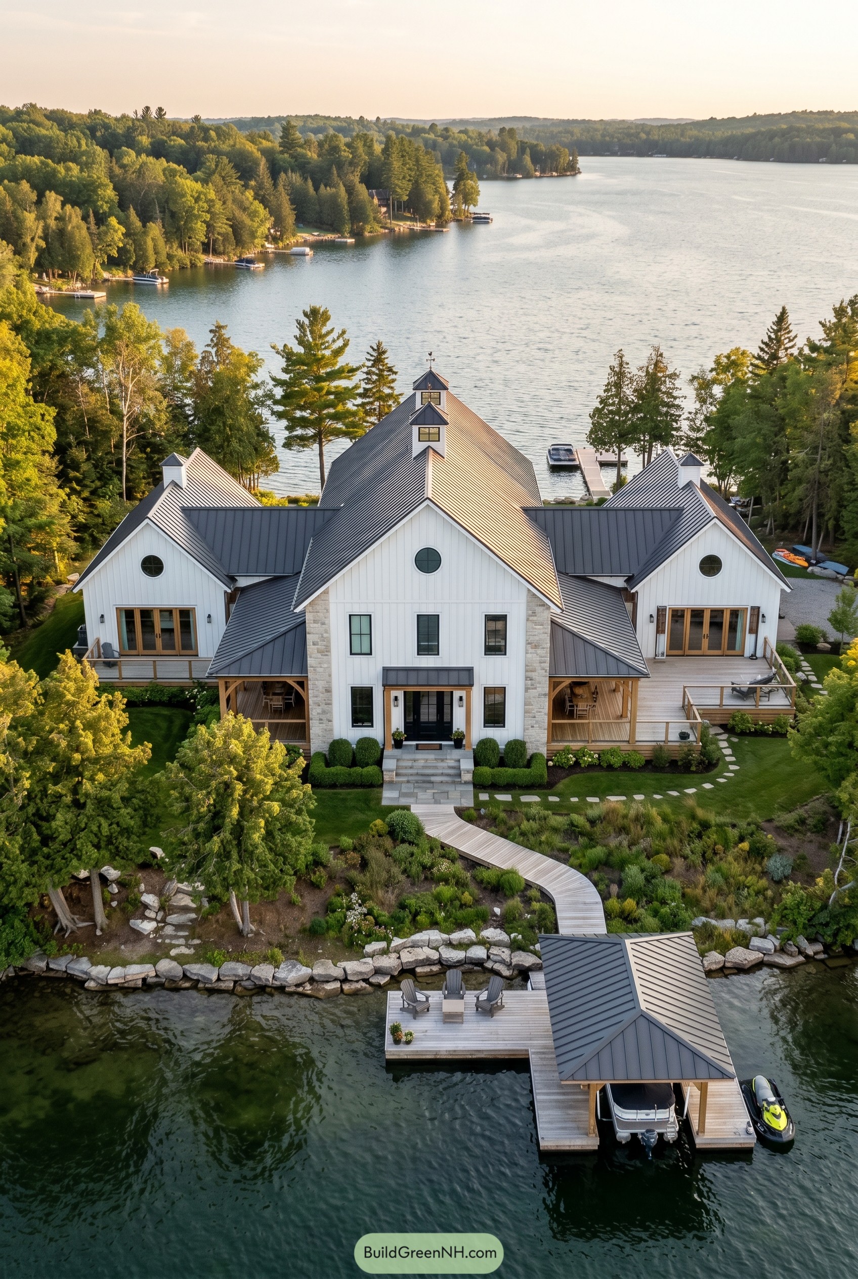 White lakeside barndominium with black metal roof and dock