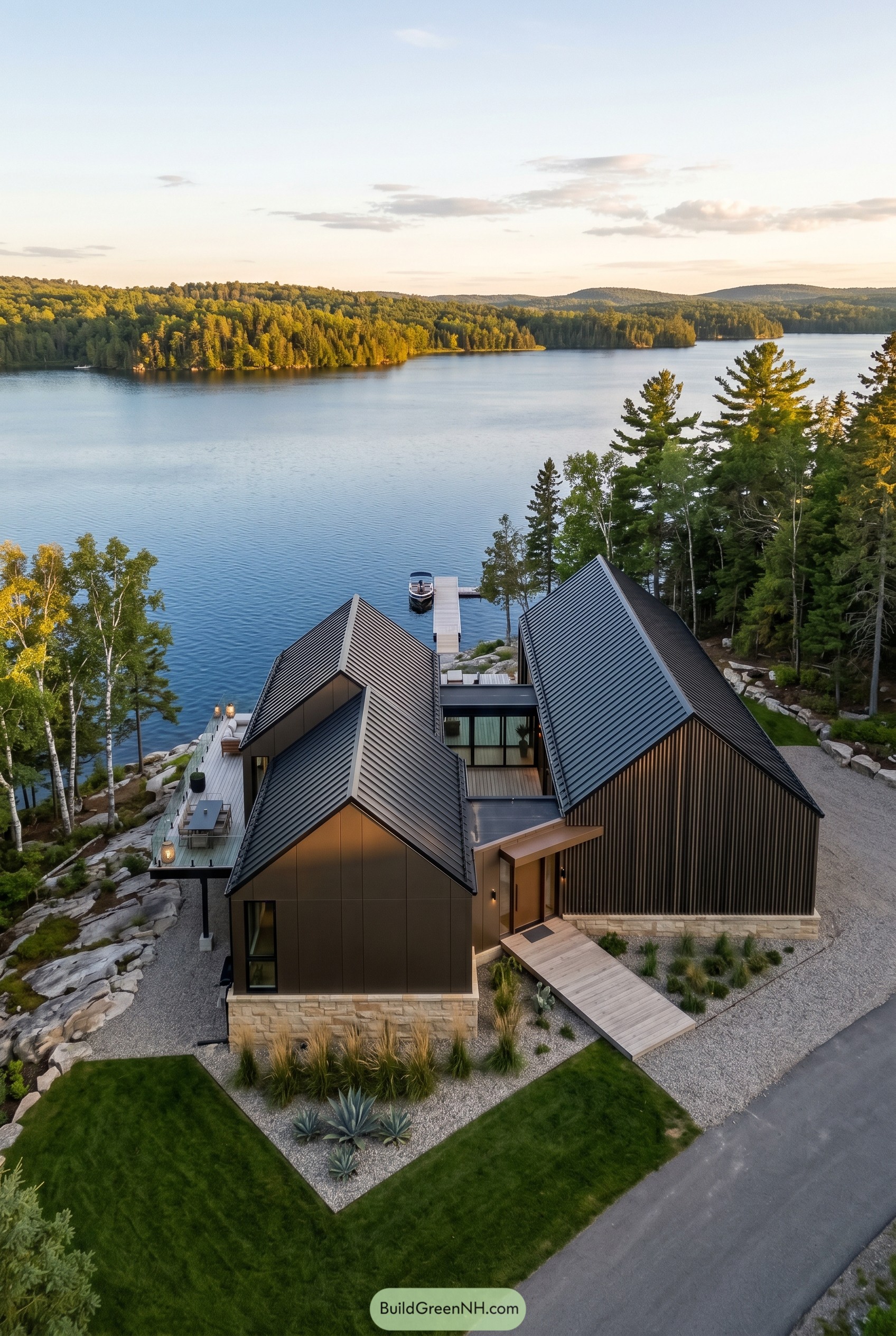 Modern dark clad lake house with twin roofs and dock