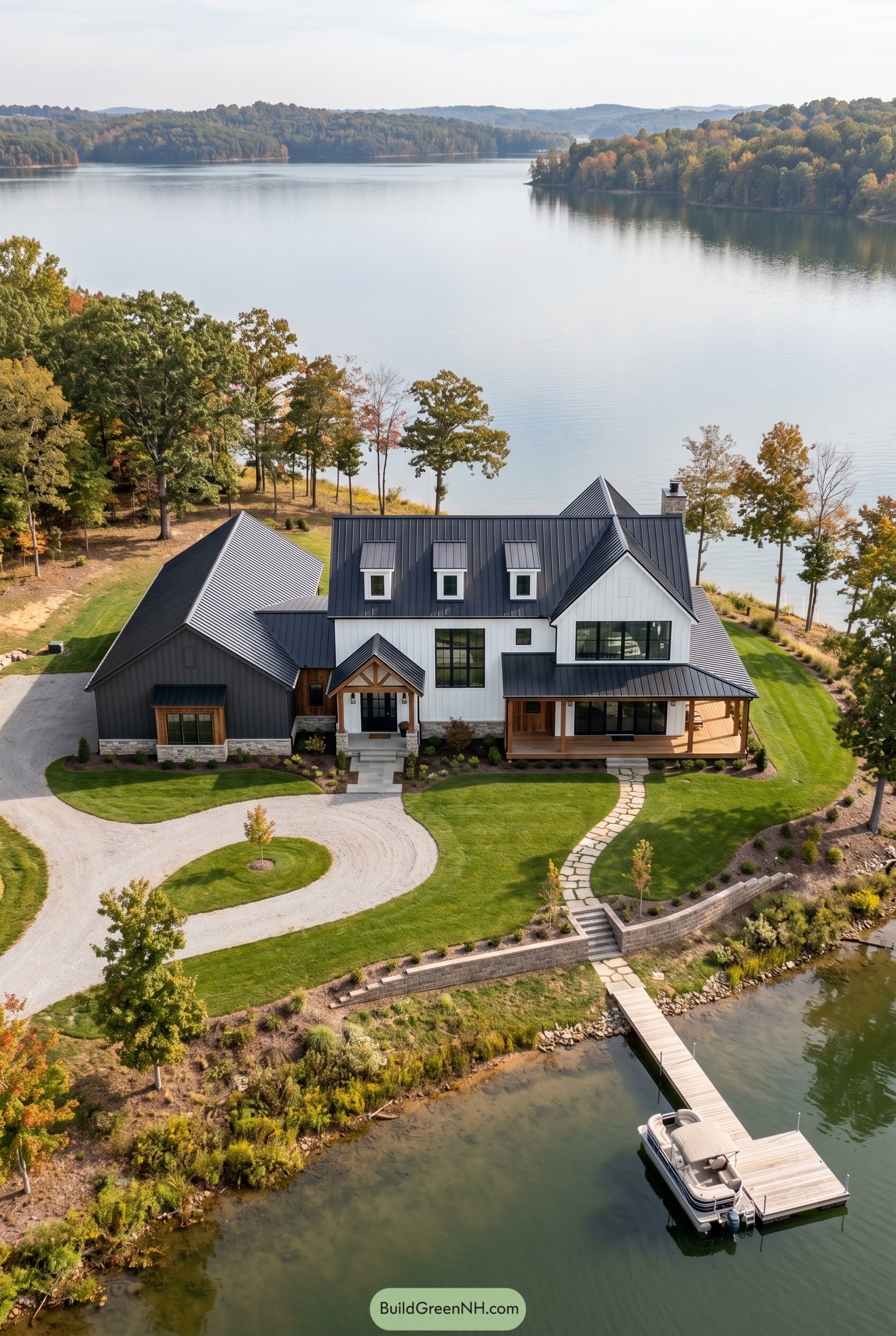 Black and white lakeside barndominium with dock