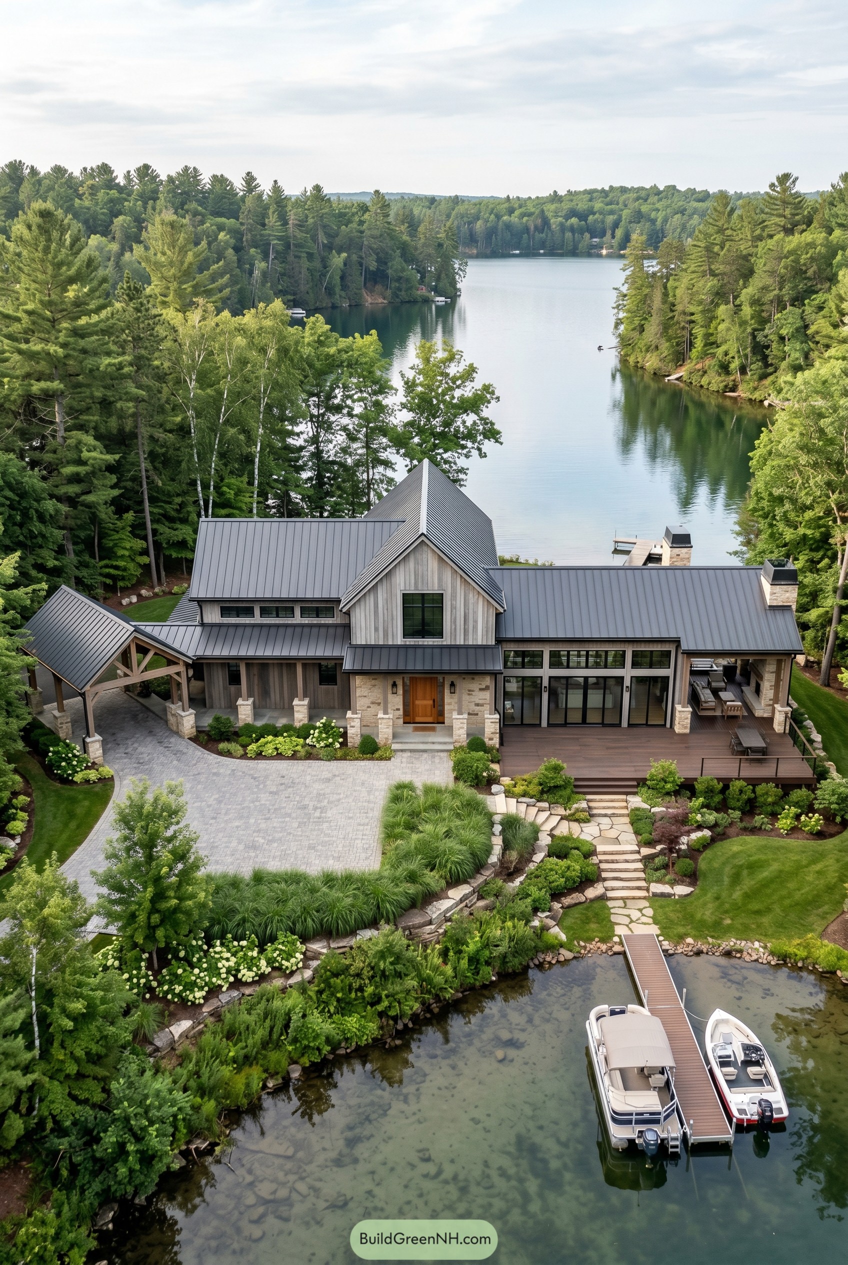 Aerial view of a gray roof lakeside barndominium with dock