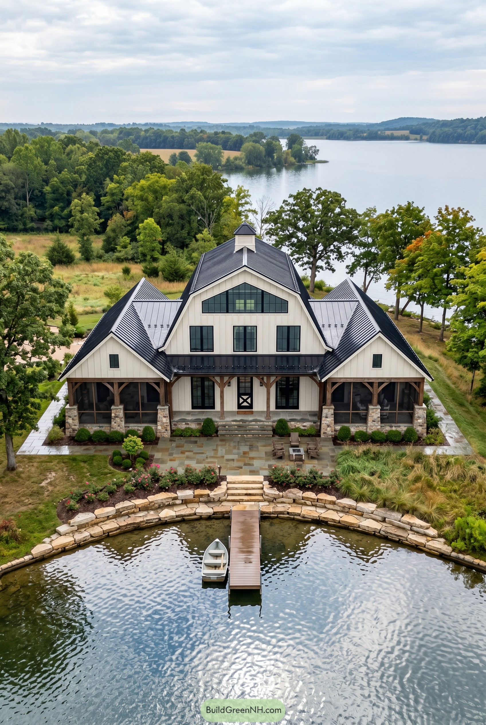White lakeside barndominium with black roof and dock