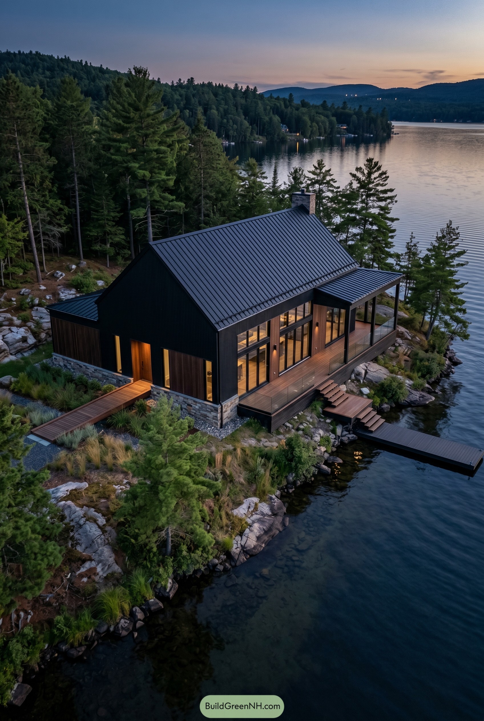 Dark gabled lake house on rocky point