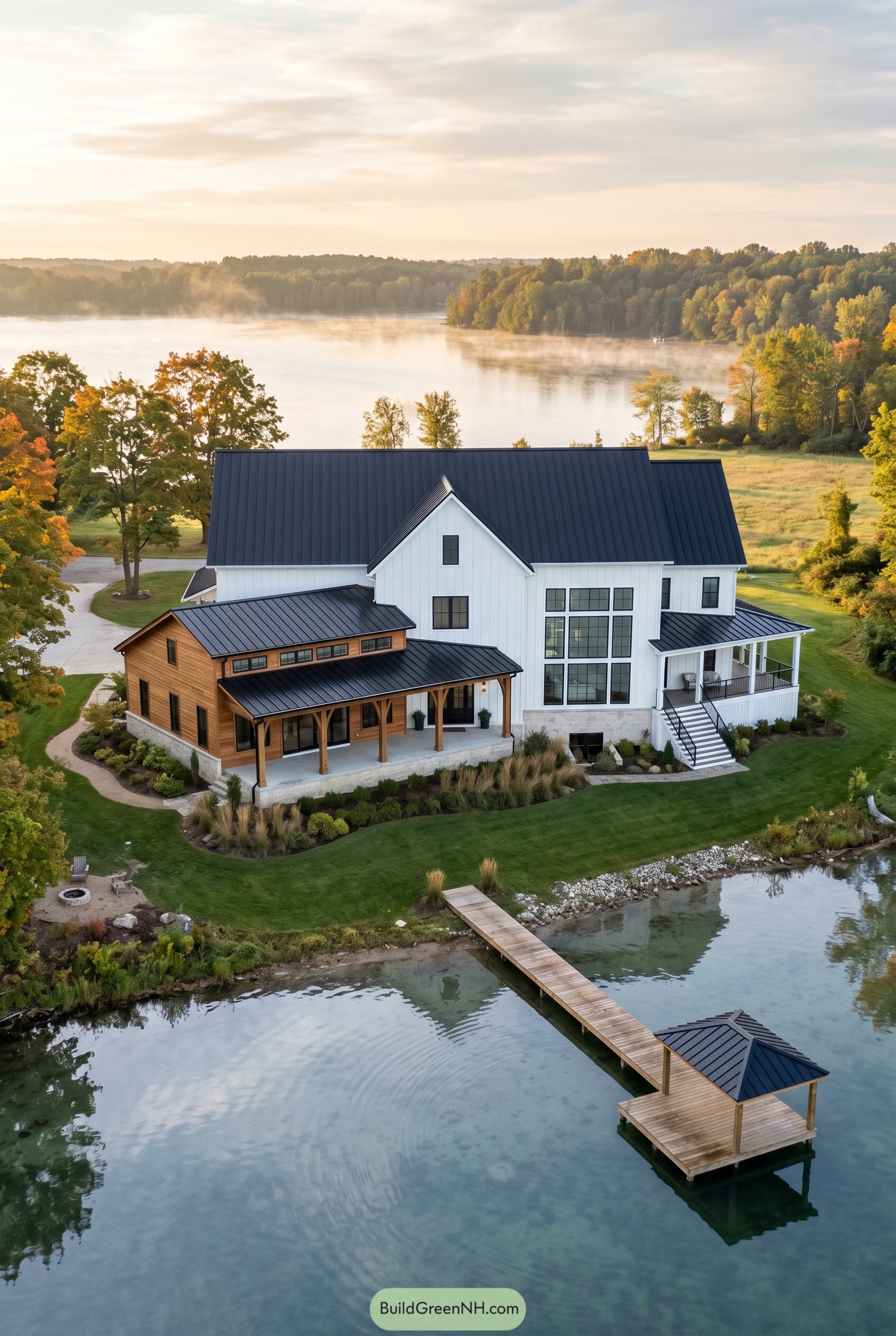 White lake barndominium with black roof and dock