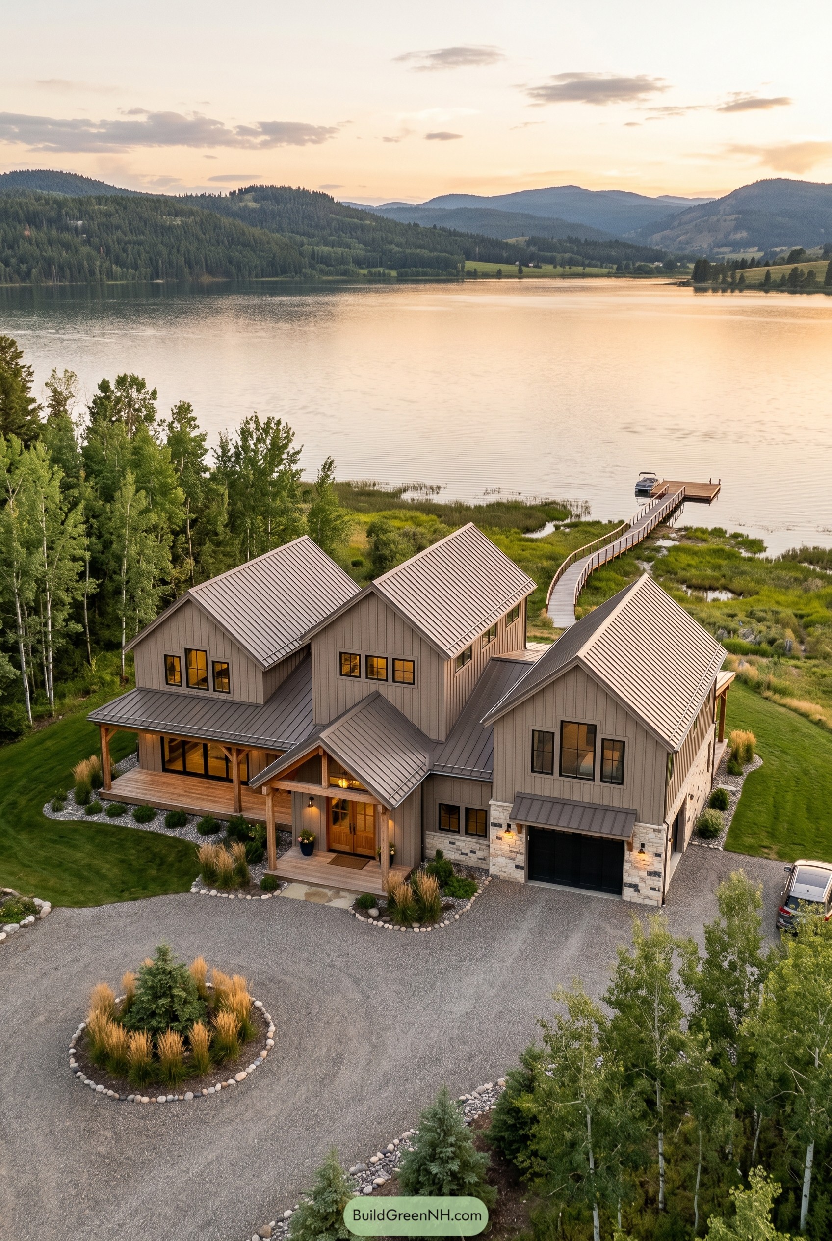 Taupe gabled lake barndominium with dock