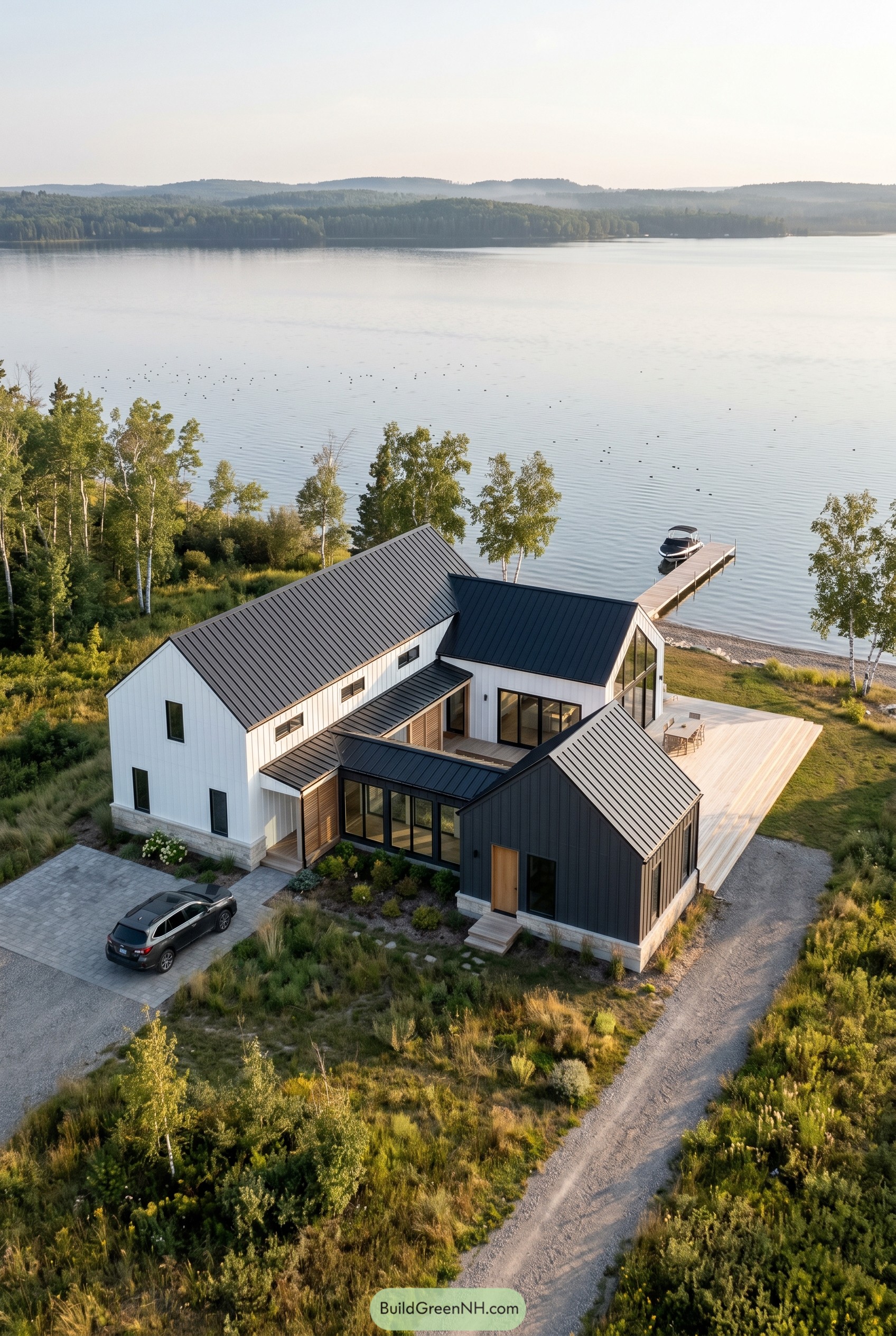 White and black barndominium beside a lake with a dock