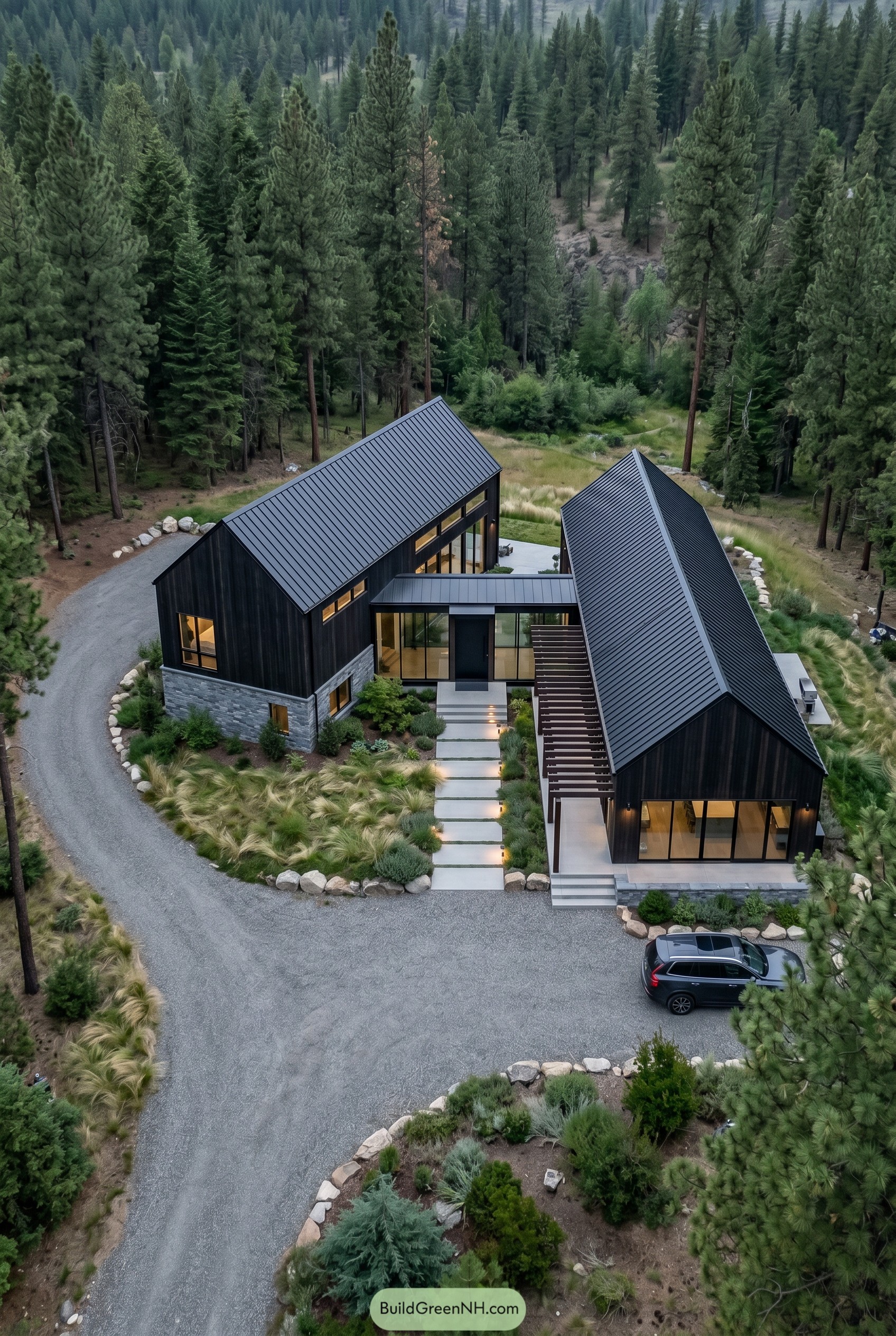 Black twin gabled house set in a pine forest