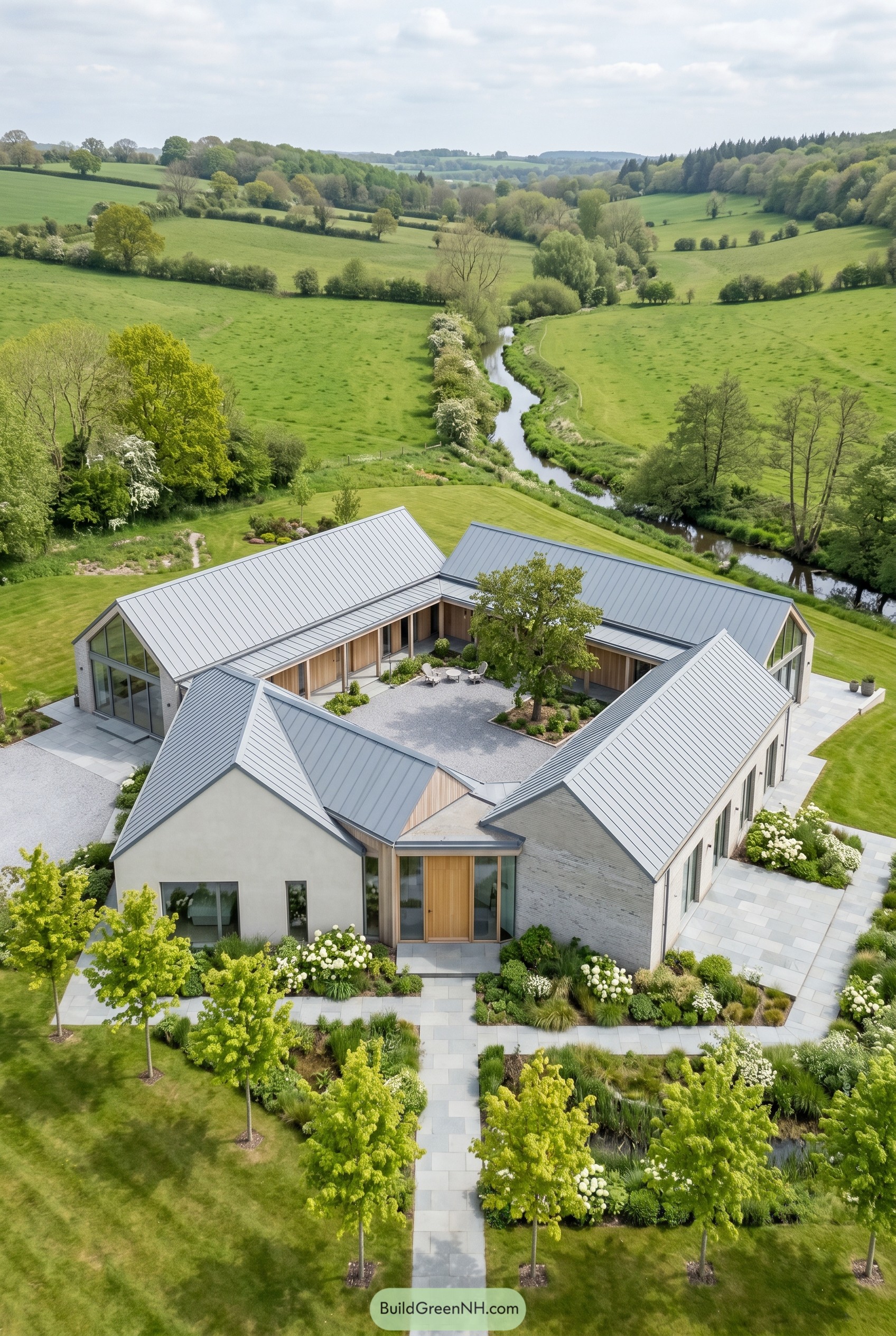 Large modern gabled courtyard house in a green valley