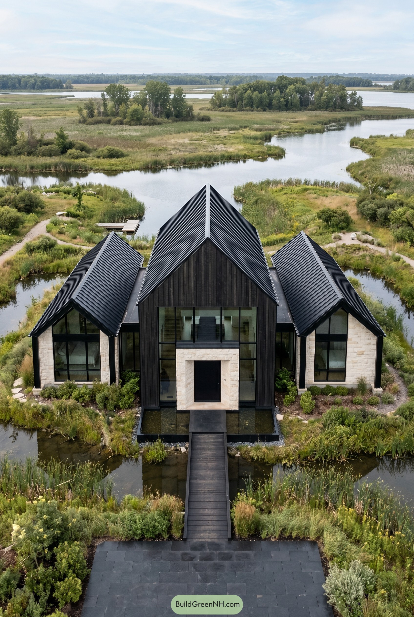 Modern triple gabled house beside wetlands